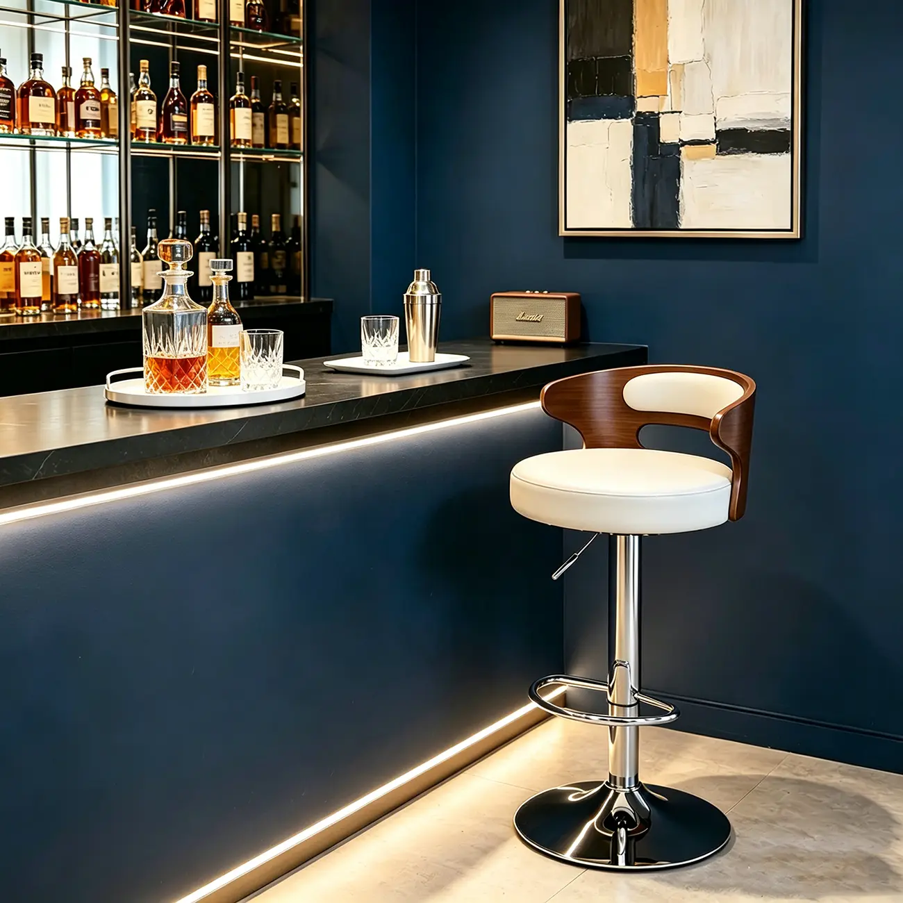 Elegant Brown Wood White Leather Swivel Adjustable Bar Stool Image - 6 | homeyfad