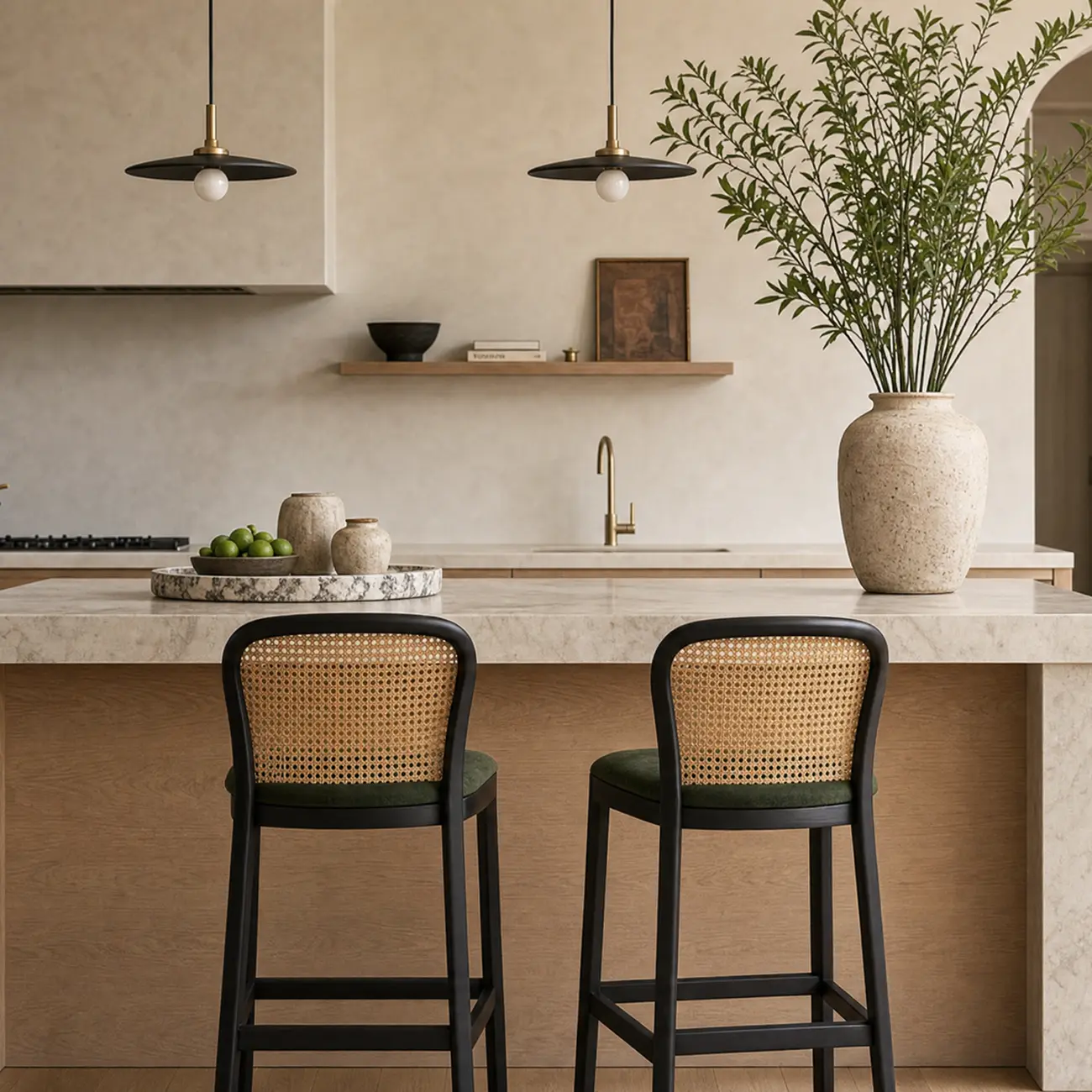 Organic Modern Curved Woven Counter Stools Solid Wood Frame Image - 3 | homeyfad