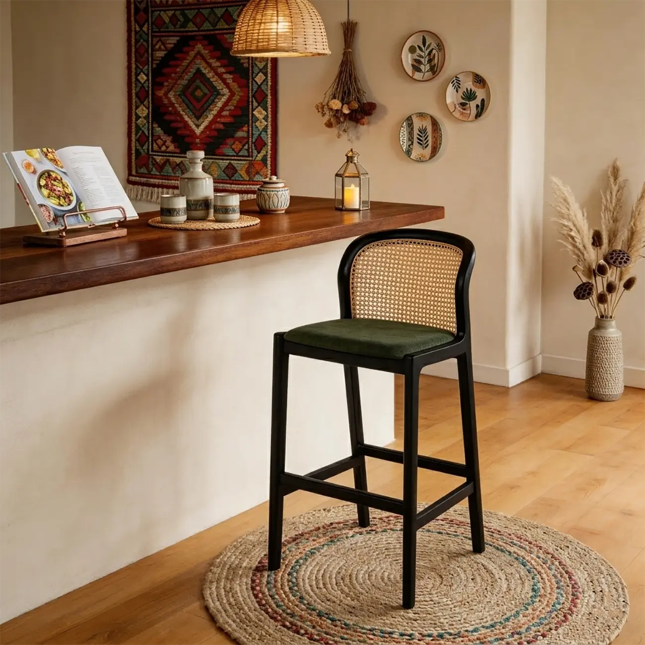 Organic Modern Curved Woven Counter Stools Solid Wood Frame Image - 5 | homeyfad