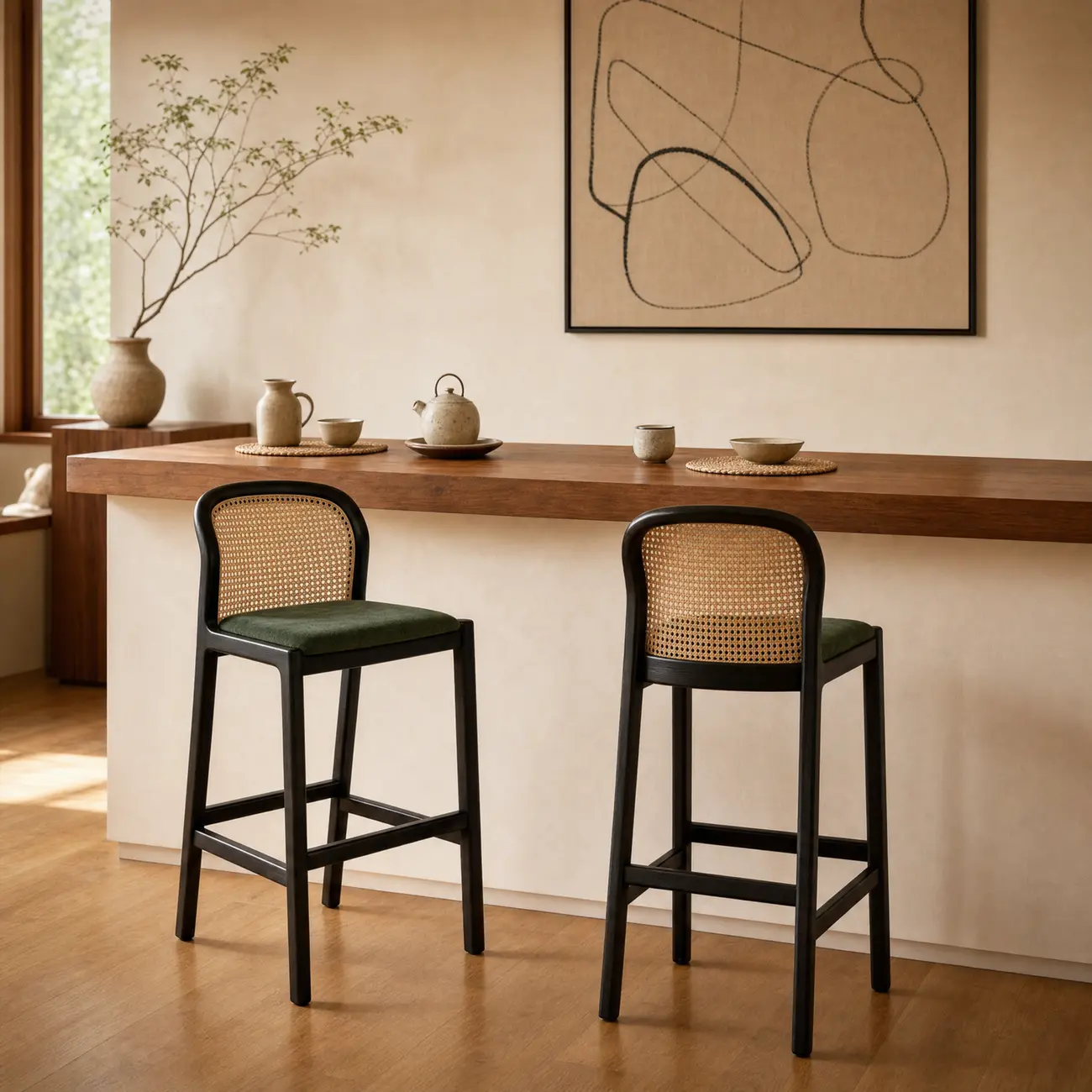 Organic Modern Curved Woven Counter Stools Solid Wood Frame Image - 1 | homeyfad