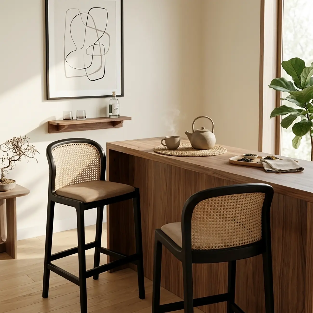 Organic Modern Curved Woven Counter Stools Solid Wood Frame Image - 2 | homeyfad