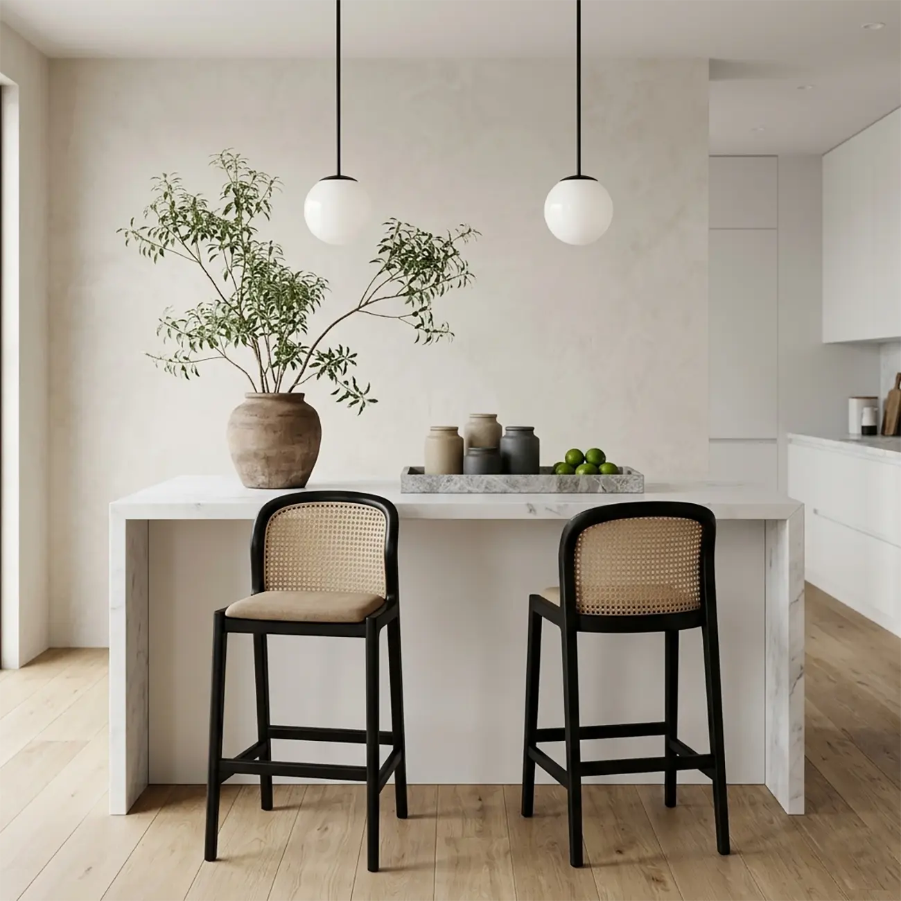 Organic Modern Curved Woven Counter Stools Solid Wood Frame Image - 4 | homeyfad