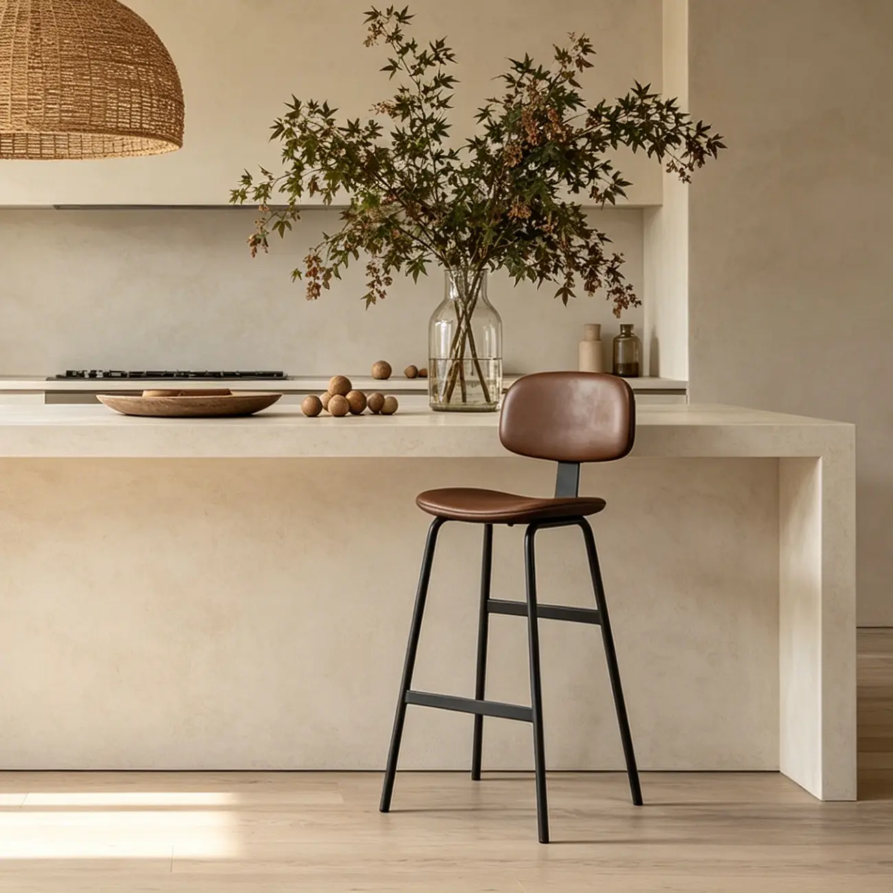 Saddle Leather Modern Ergonomic Low Back Bar Stool for Kitchen Image - 3 | homeyfad