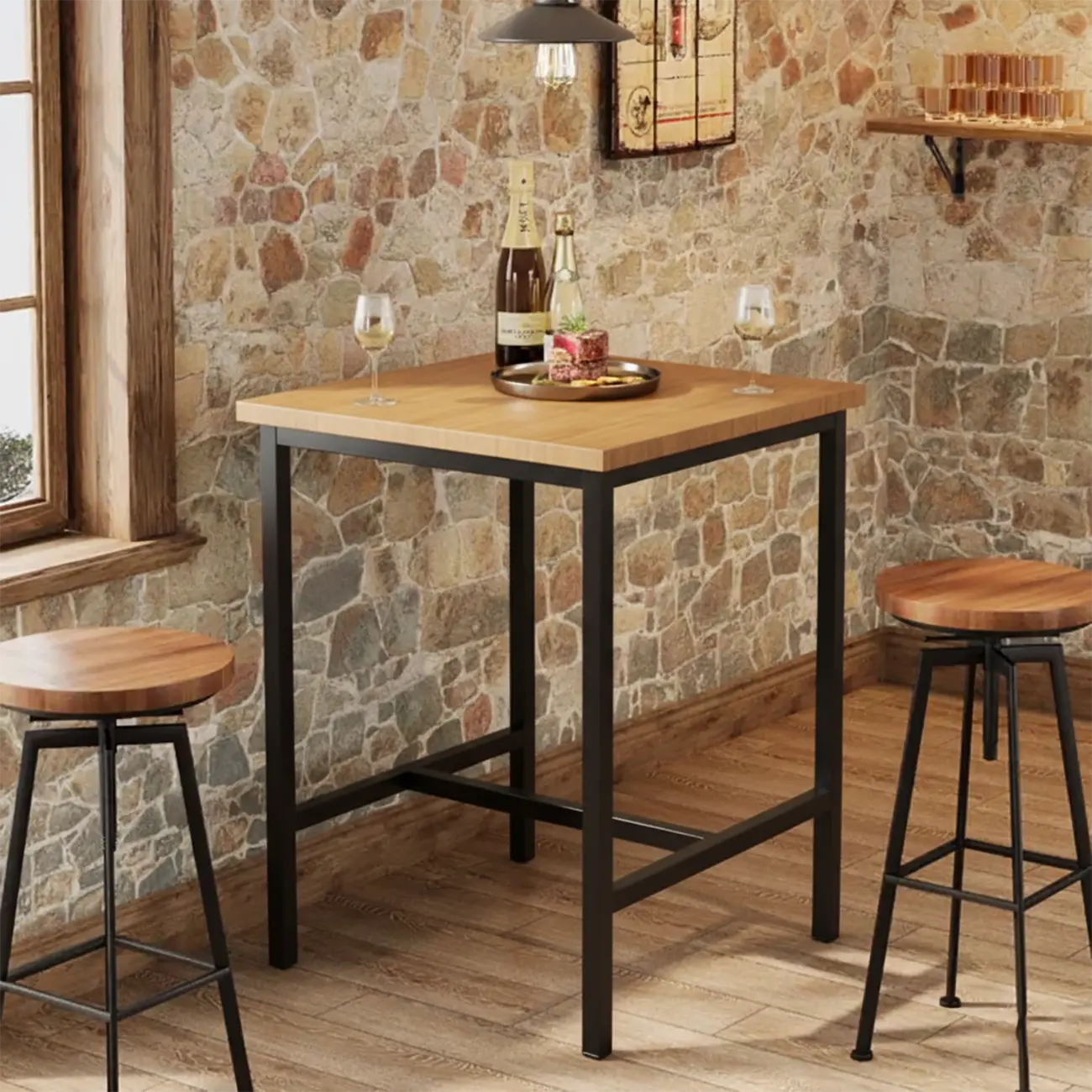 Industrial Wooden Top Bar Height Table with Footrest for Dining Image - 1 | homeyfad