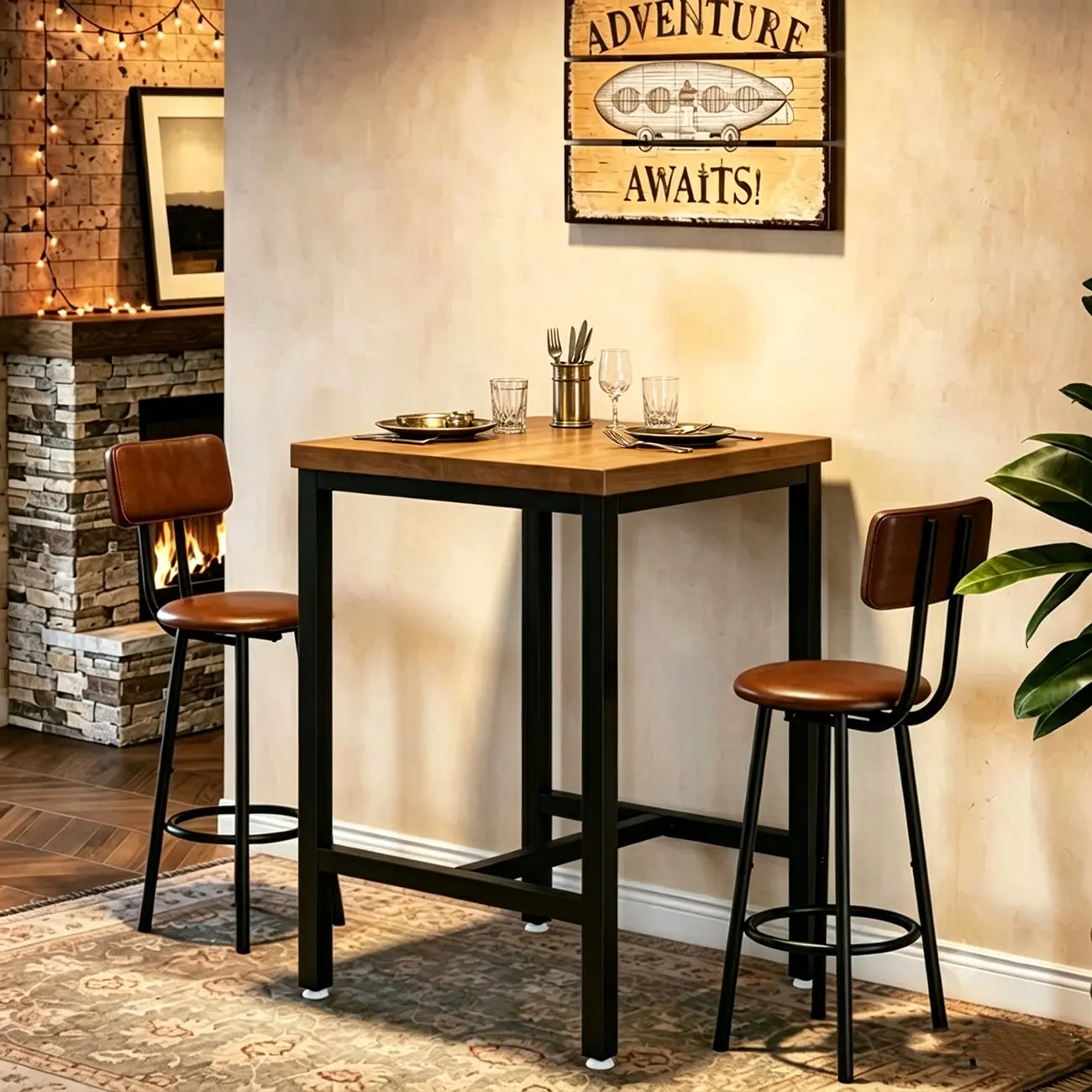 Industrial Wooden Top Bar Height Table with Footrest for Dining Image - 3 | homeyfad