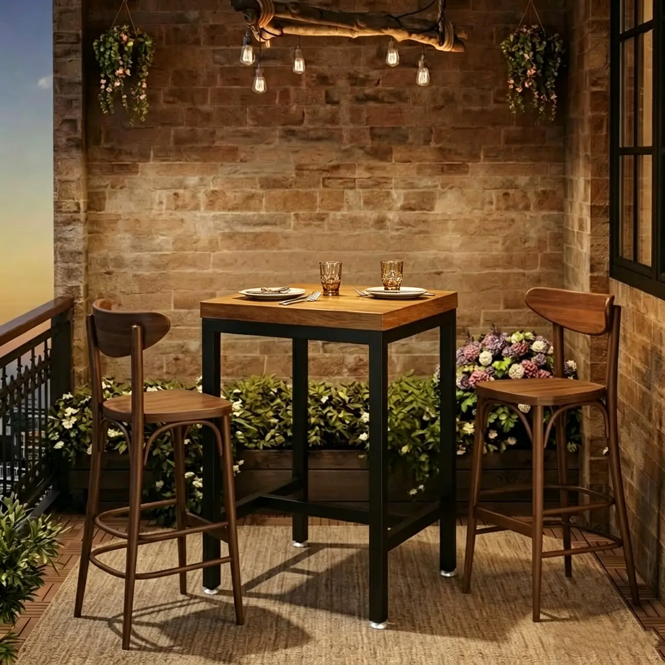 Industrial Wooden Top Bar Height Table with Footrest for Dining Image - 2 | homeyfad