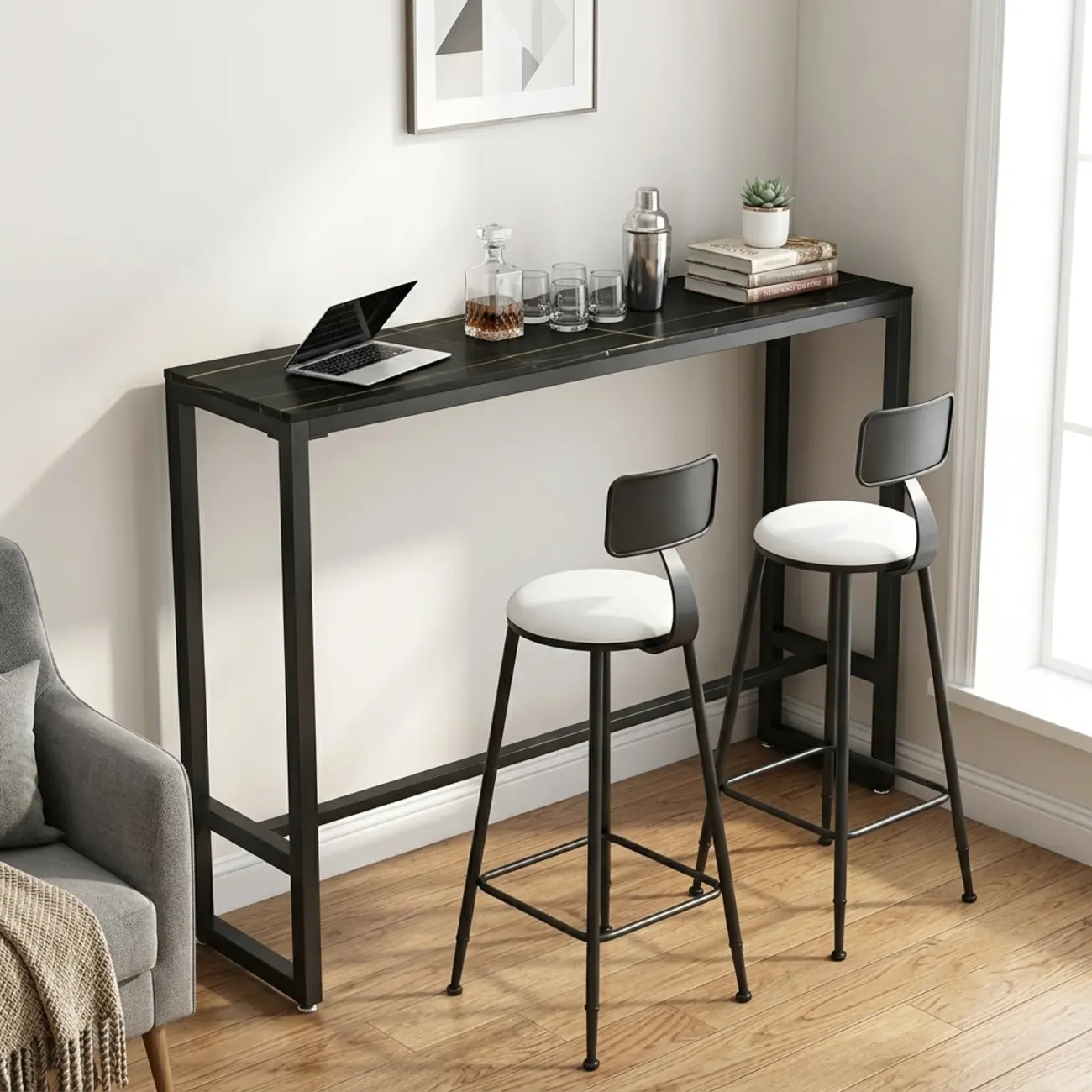 Black Modern Stone Top Trestle Base Bar Table with Footest Image - 1 | homeyfad