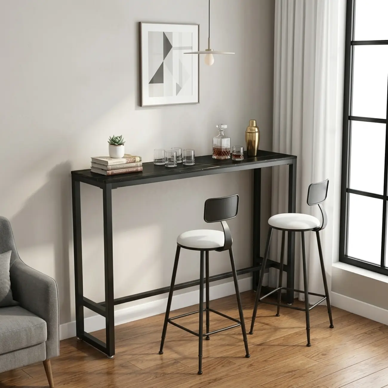 Black Modern Stone Top Trestle Base Bar Table with Footest Image - 2 | homeyfad