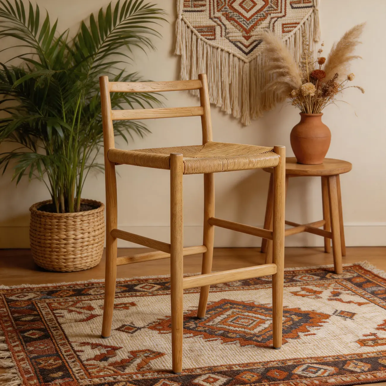 Open Back Mid-century Modern Woven Rope Bar Stools Solid Wod Frame Image - 4 | homeyfad