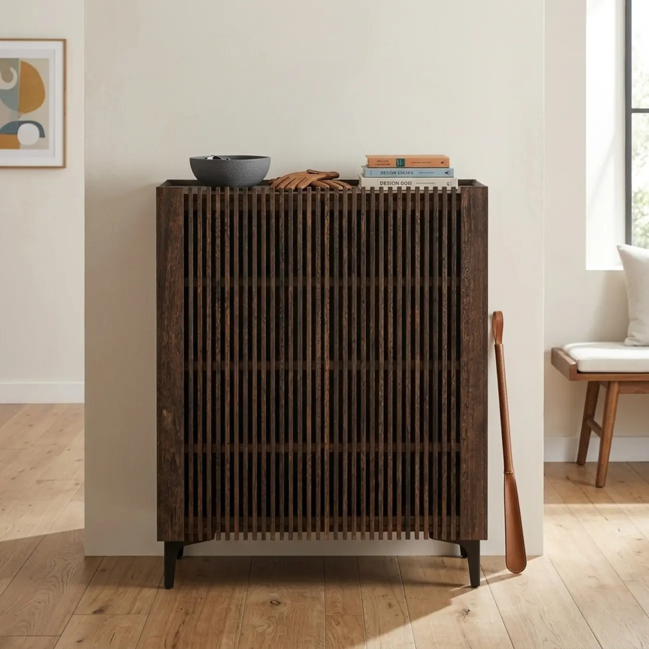 Mid-Century Modern Slatted Solid Wood Shoe Cabinet Image - 3 | homeyfad