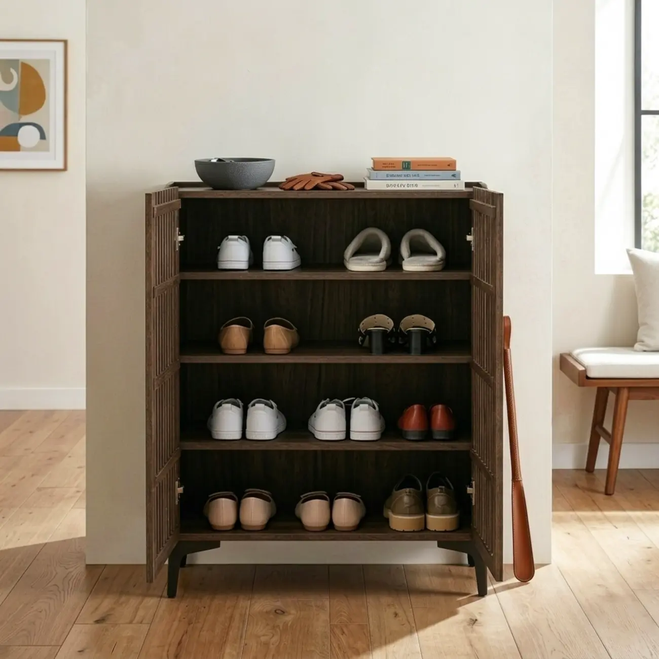 Mid-Century Modern Slatted Solid Wood Shoe Cabinet Image - 4 | homeyfad