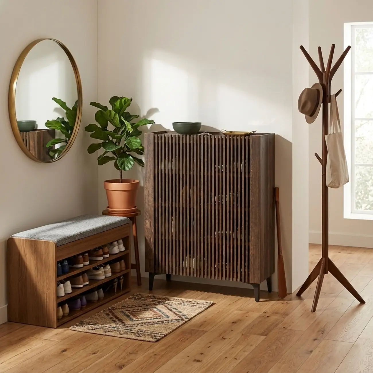 Mid-Century Modern Slatted Solid Wood Shoe Cabinet Image - 2 | homeyfad