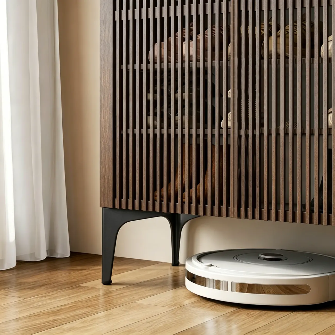 Mid-Century Modern Slatted Solid Wood Shoe Cabinet Image - 6 | homeyfad