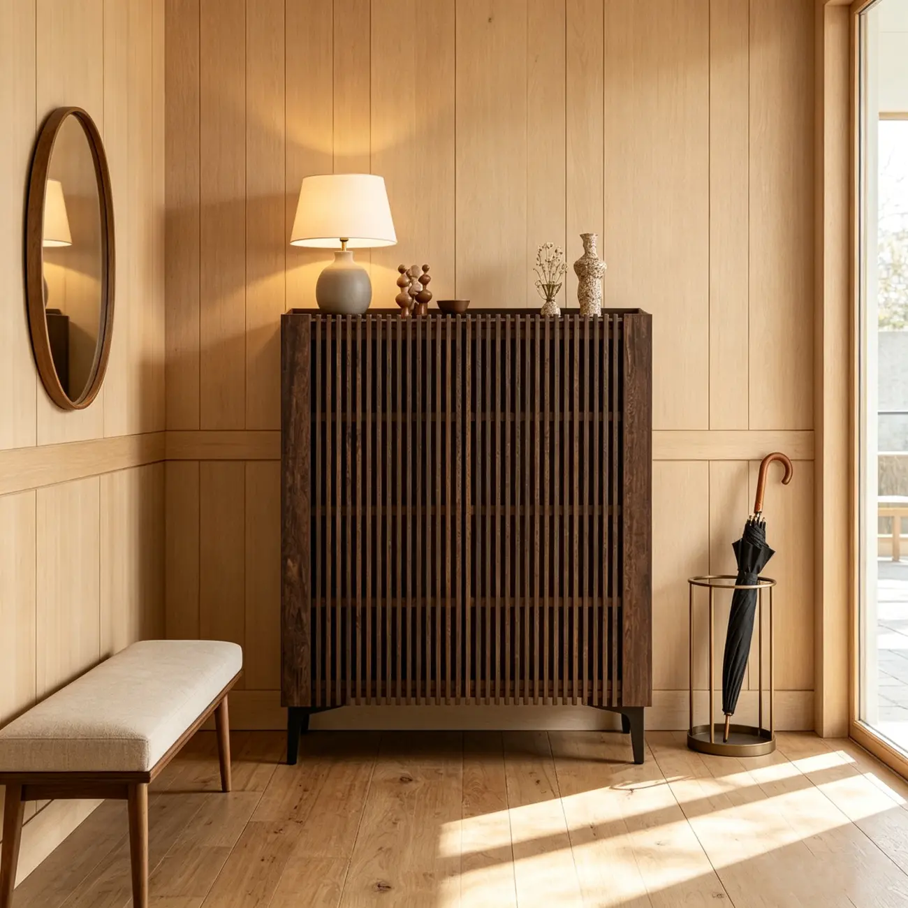 Mid-Century Modern Slatted Solid Wood Shoe Cabinet Image - 1 | homeyfad