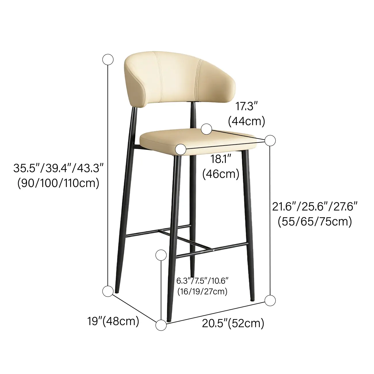 Modern Faux Leather Counter Height Bar Stool with Curved Back #size | homeyfad