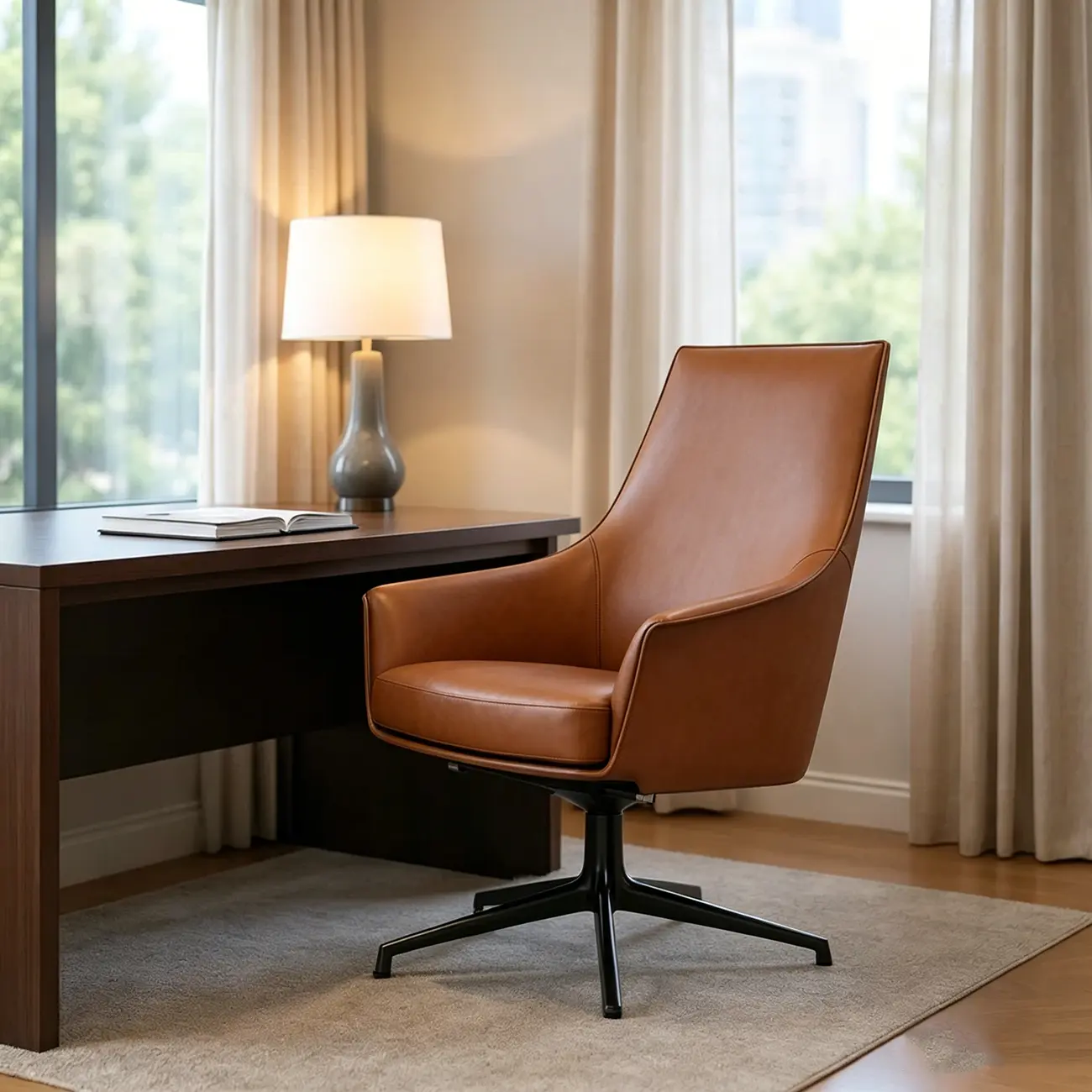 Mid-century Modern Swivel Leather Arm Chair High And Mid Back Image - 2 | homeyfad
