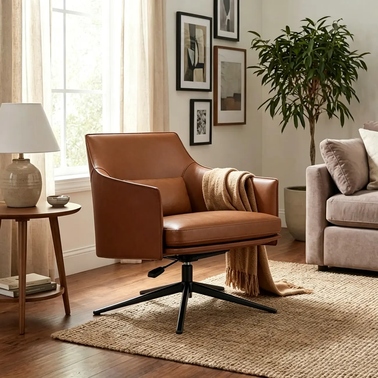 Mid-century Modern Swivel Leather Arm Chair High And Mid Back Image - 1 | homeyfad