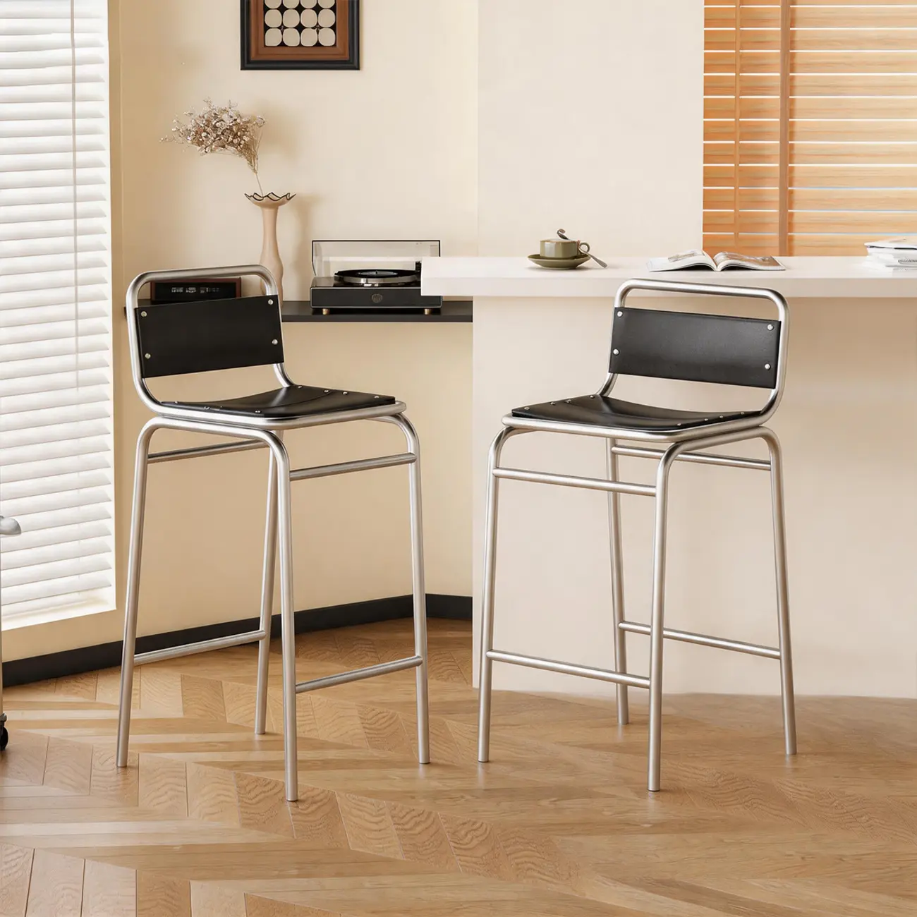Minimalist Low Back Wood Seat Counter Height Bar Stool Image - 1 | homeyfad