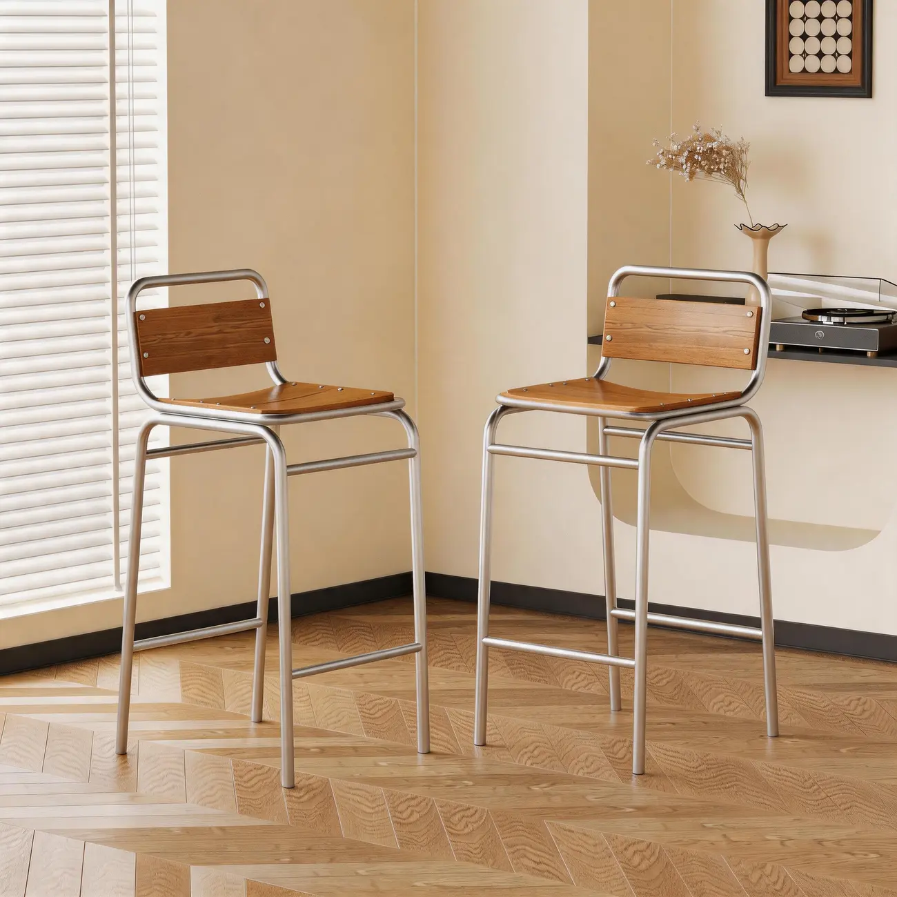 Minimalist Low Back Wood Seat Counter Height Bar Stool Image - 2 | homeyfad