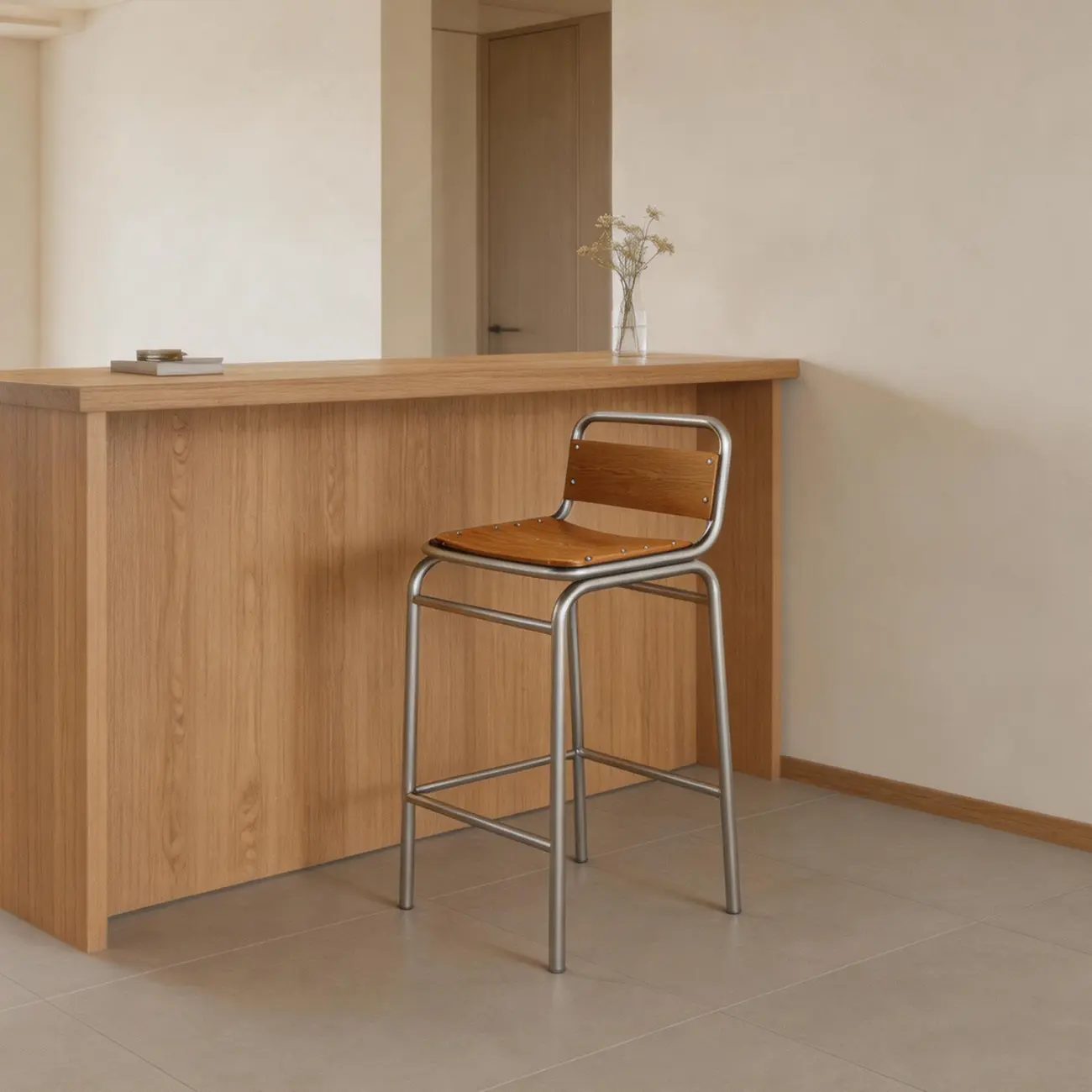 Minimalist Low Back Wood Seat Counter Height Bar Stool Image - 4 | homeyfad