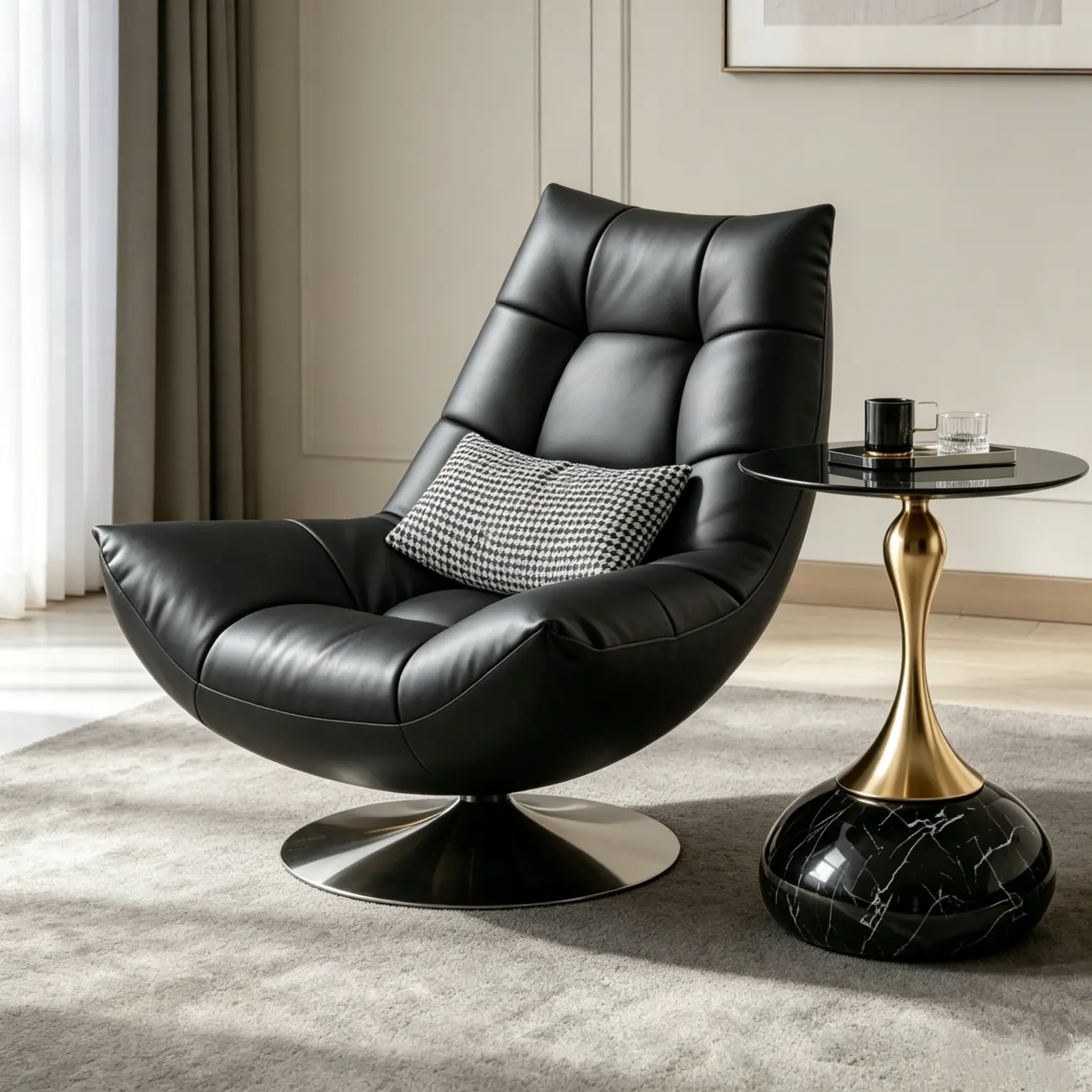 Black Swivel Tufted Leather Accent Chair Pillow Included Image - 1 | homeyfad
