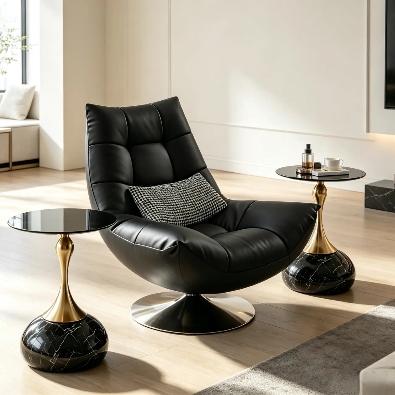 Black Swivel Tufted Leather Accent Chair Pillow Included Image - 5 | homeyfad