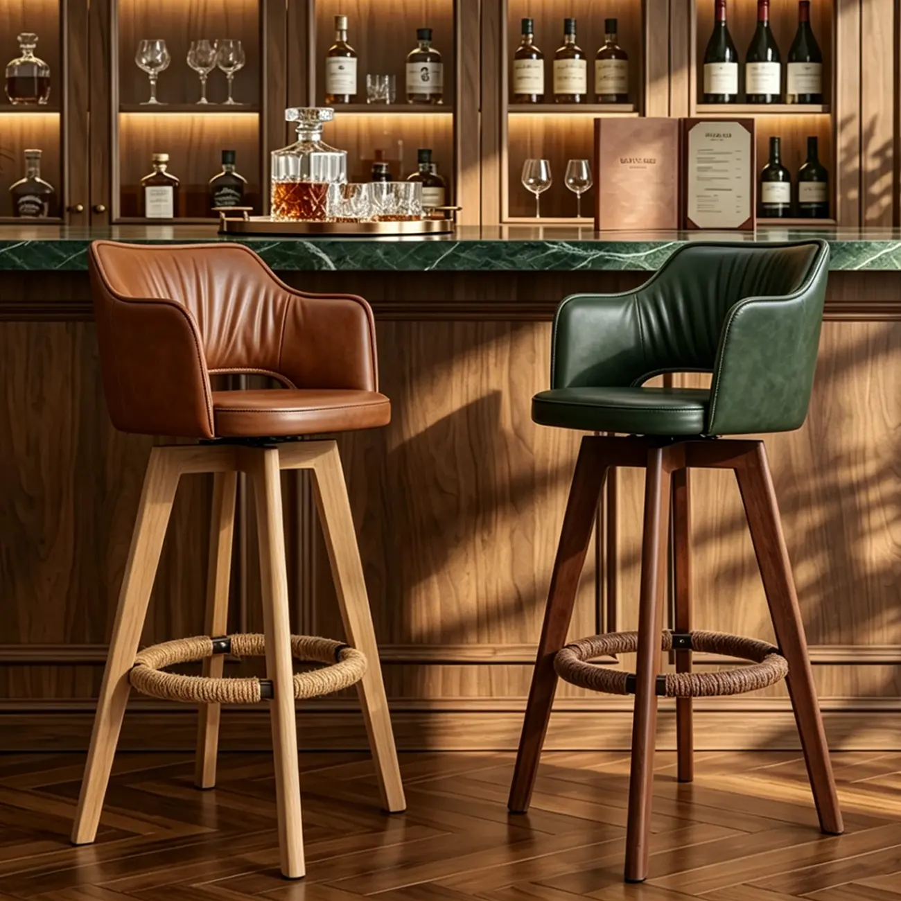 Counter Swivel Leather Wooden Bar Stools With Footrest Image - 1 | homeyfad