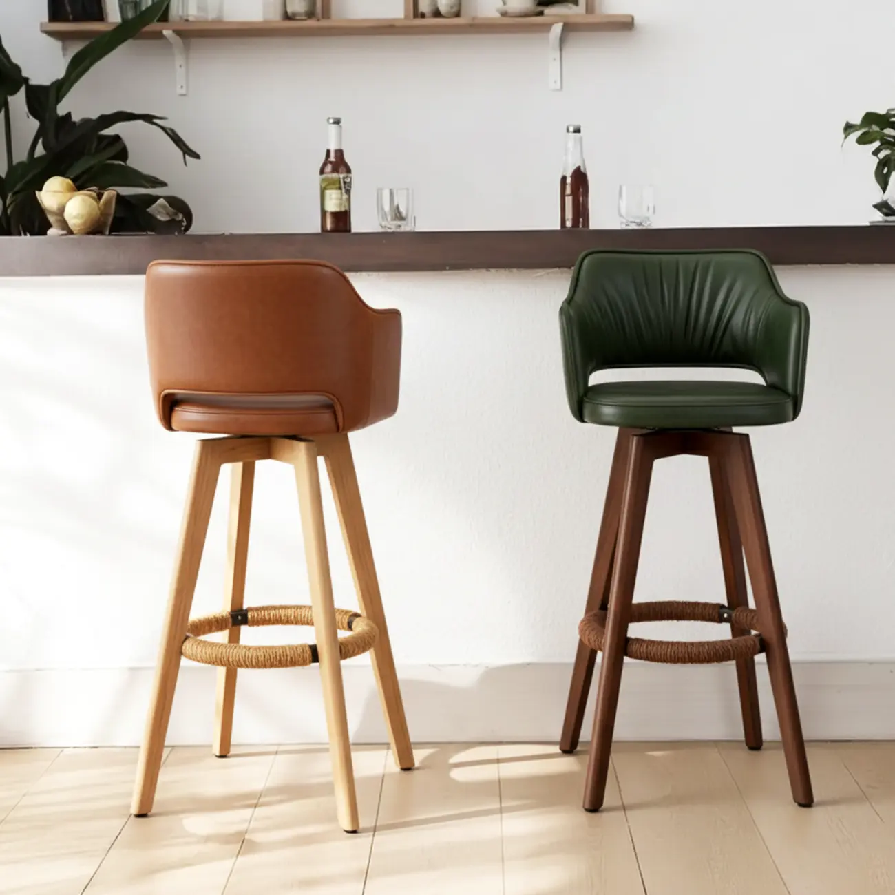 Counter Swivel Leather Wooden Bar Stools With Footrest Image - 19 | homeyfad