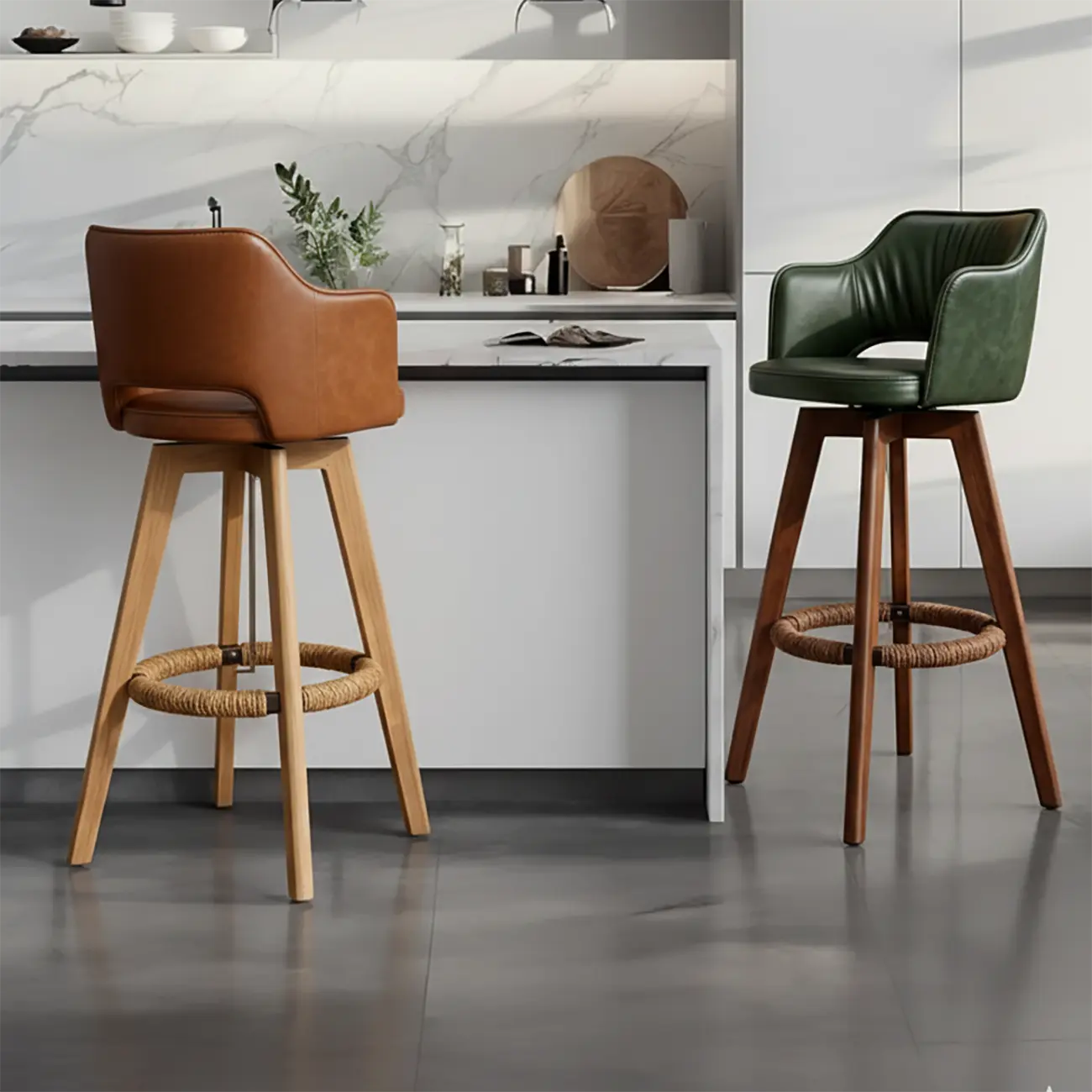 Counter Swivel Leather Wooden Bar Stools With Footrest Image - 4 | homeyfad