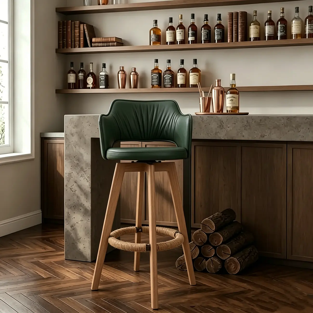 Counter Swivel Leather Wooden Bar Stools With Footrest Image - 14 | homeyfad