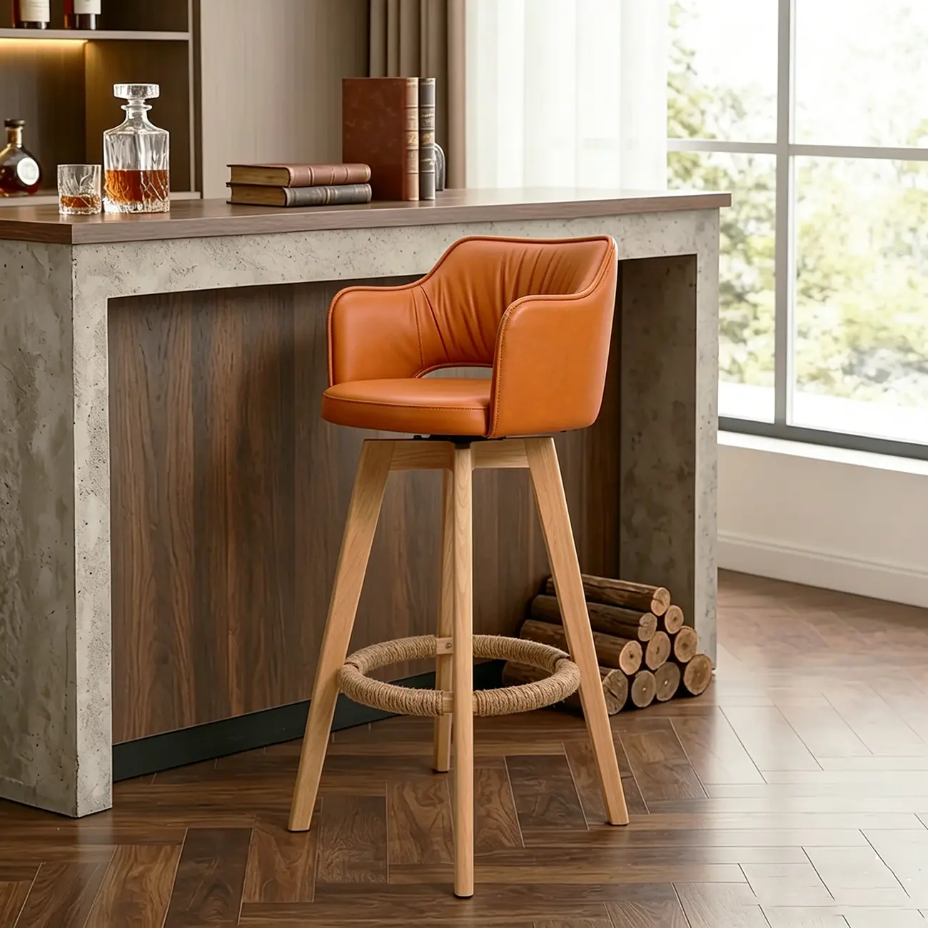 Counter Swivel Leather Wooden Bar Stools With Footrest Image - 15 | homeyfad