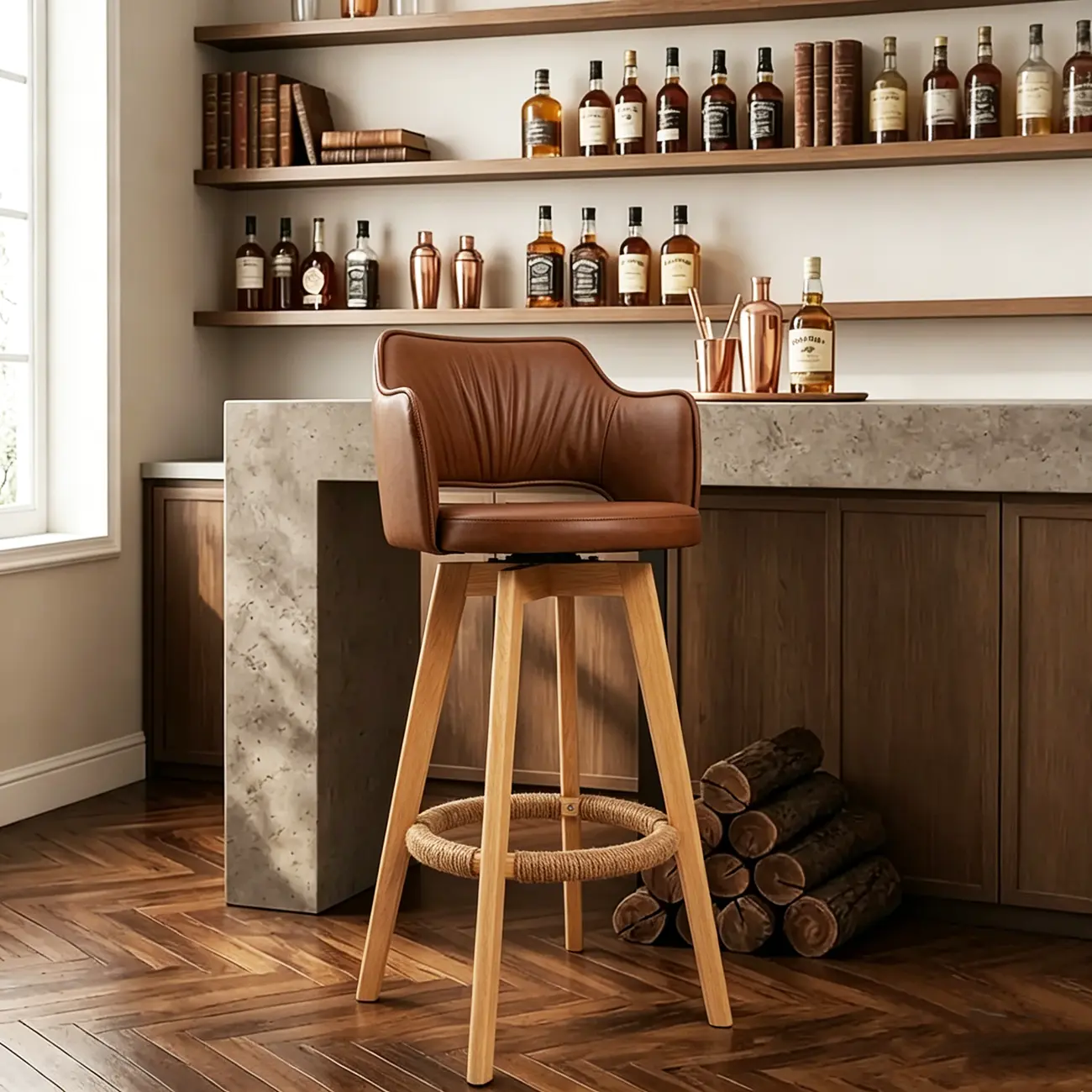 Counter Swivel Leather Wooden Bar Stools With Footrest Image - 12 | homeyfad