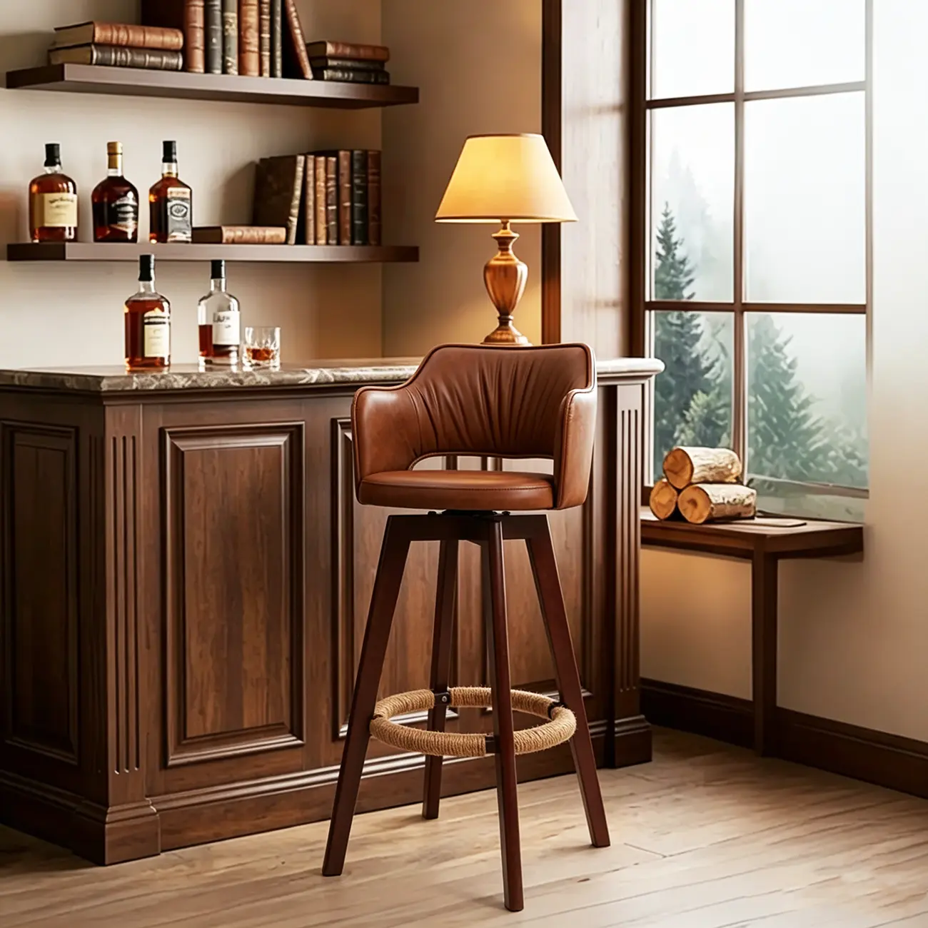 Counter Swivel Leather Wooden Bar Stools With Footrest Image - 9 | homeyfad