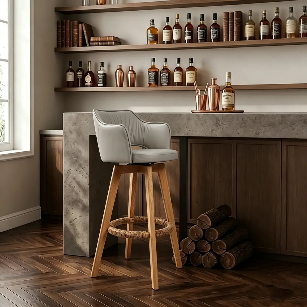 Counter Swivel Leather Wooden Bar Stools With Footrest Image - 17 | homeyfad