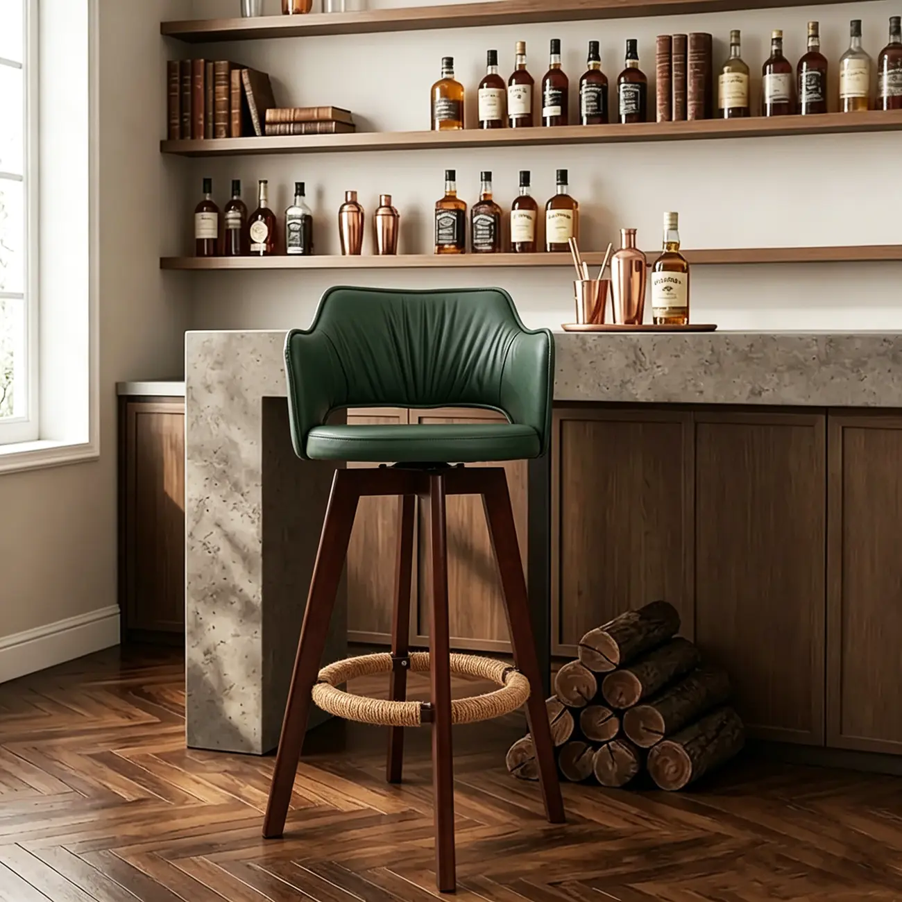 Counter Swivel Leather Wooden Bar Stools With Footrest Image - 11 | homeyfad