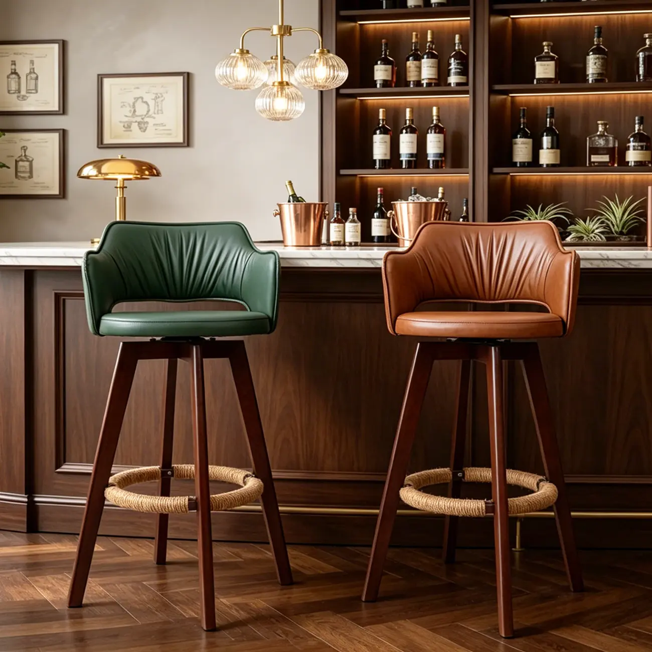 Counter Swivel Leather Wooden Bar Stools With Footrest Image - 5 | homeyfad
