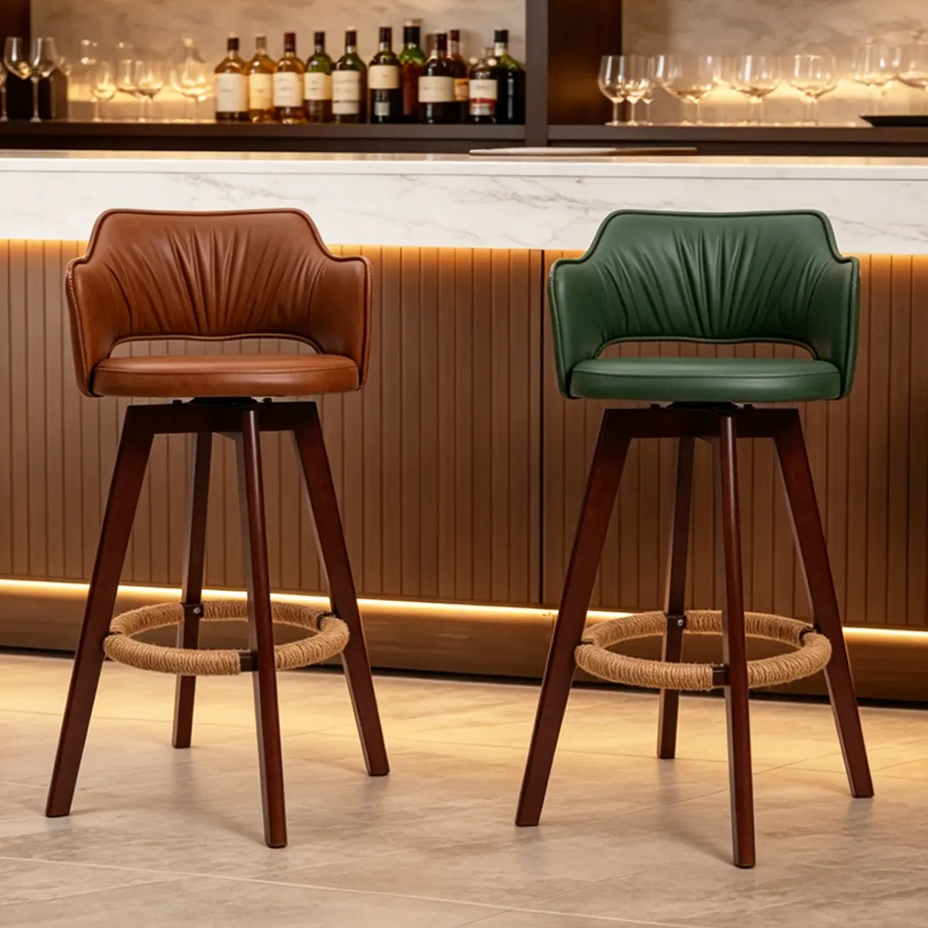 Counter Swivel Leather Wooden Bar Stools With Footrest Image - 3 | homeyfad