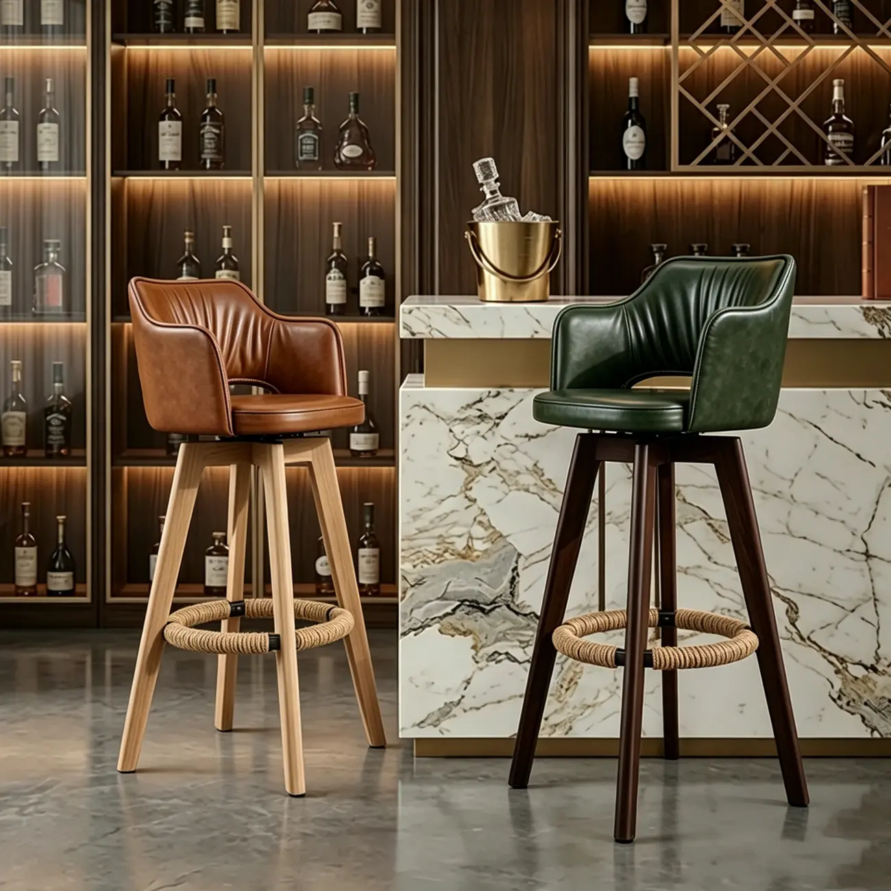 Counter Swivel Leather Wooden Bar Stools With Footrest Image - 2 | homeyfad