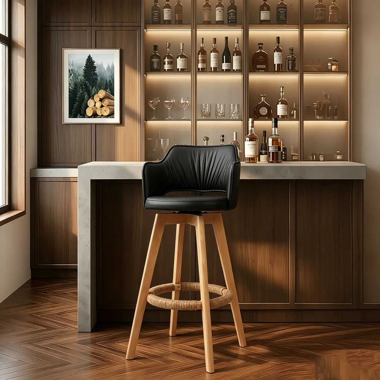 Counter Swivel Leather Wooden Bar Stools With Footrest Image - 18 | homeyfad