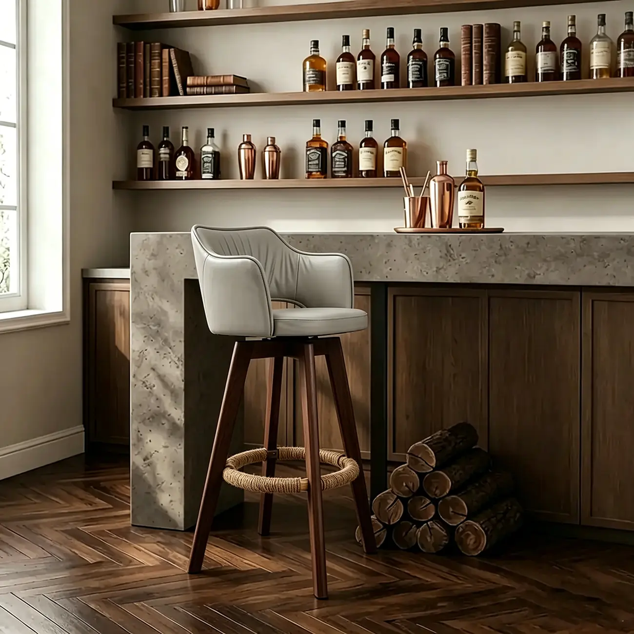 Counter Swivel Leather Wooden Bar Stools With Footrest Image - 13 | homeyfad