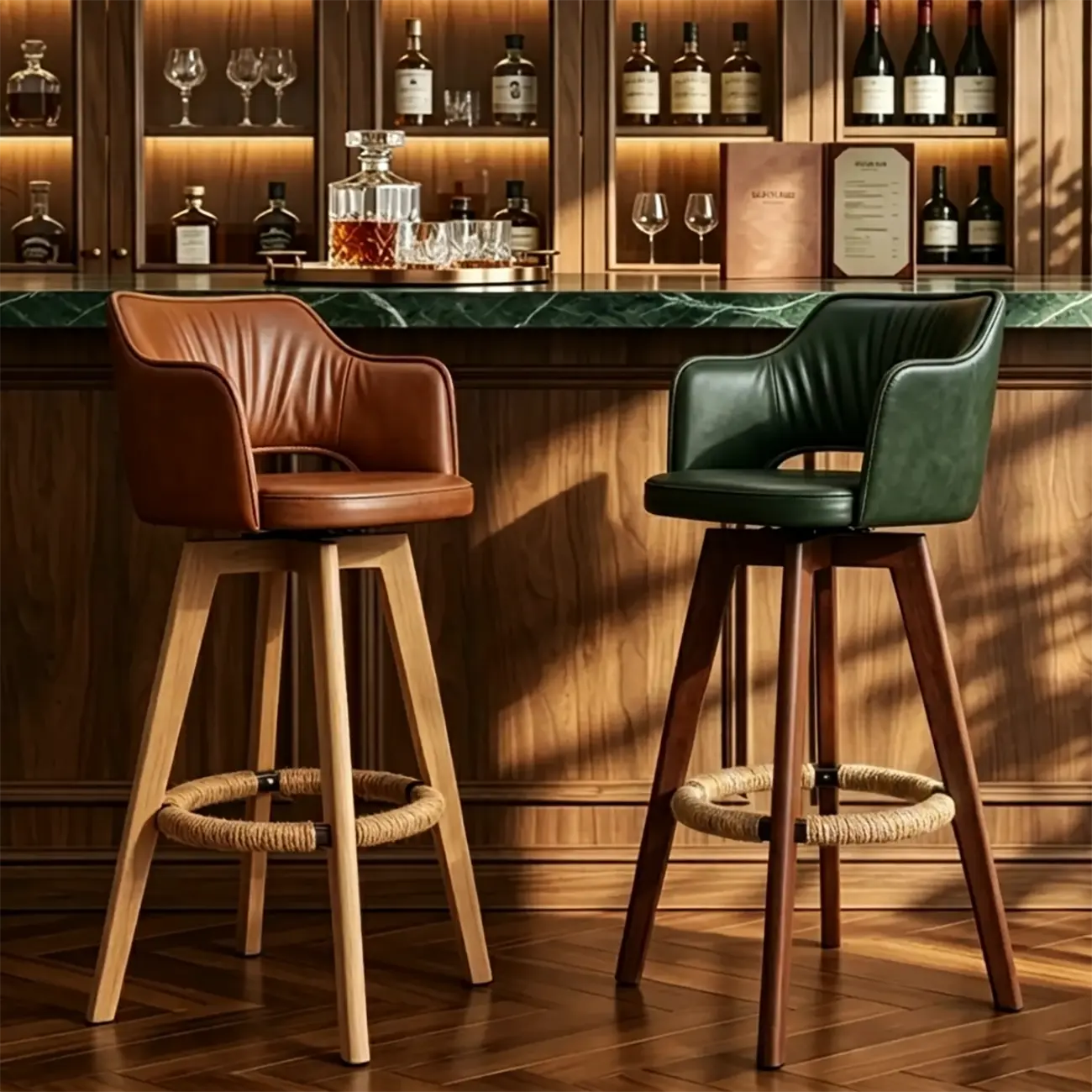 Counter Swivel Leather Wooden Bar Stools With Footrest Image - 1 | homeyfad