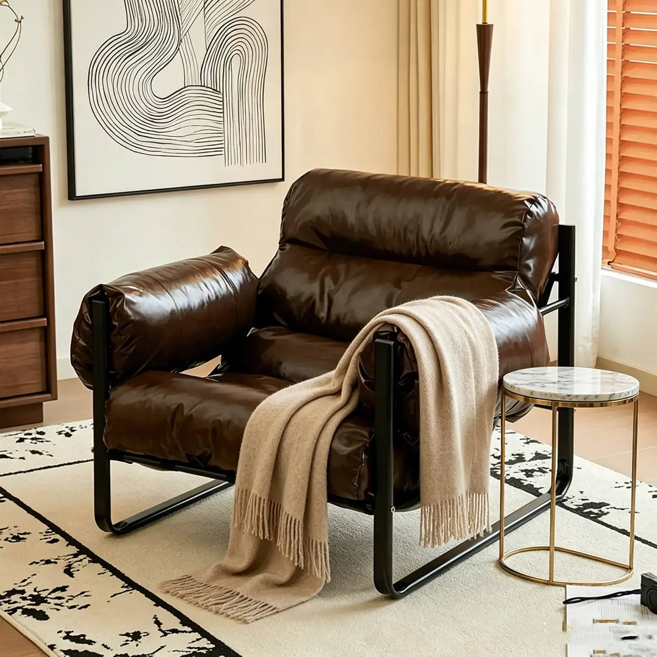 Mid Century Modern Oil Wax Leather Armrest Accent Chair Image - 6 | homeyfad
