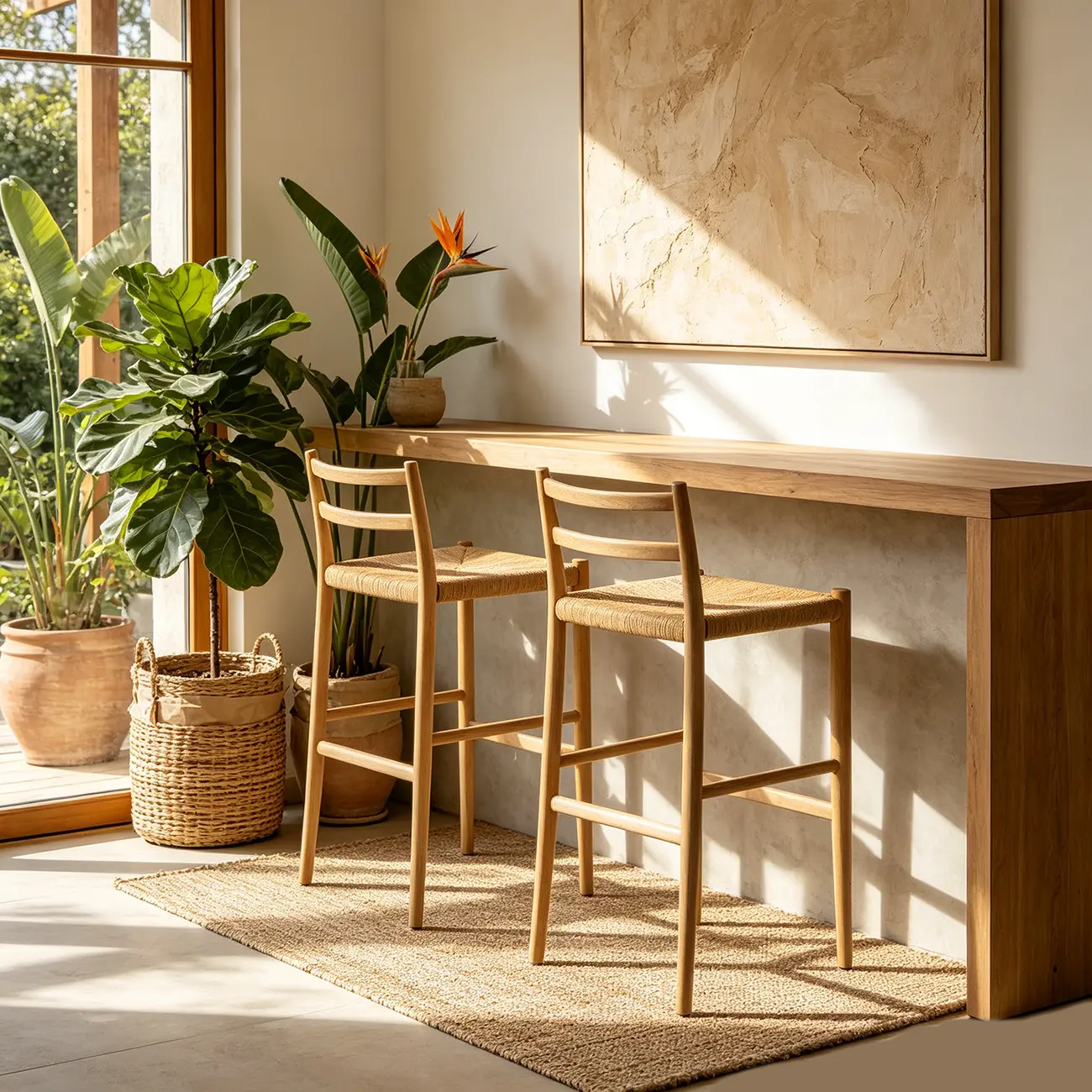 Open Back Mid-century Modern Woven Rope Bar Stools Solid Wod Frame Image - 1 | homeyfad