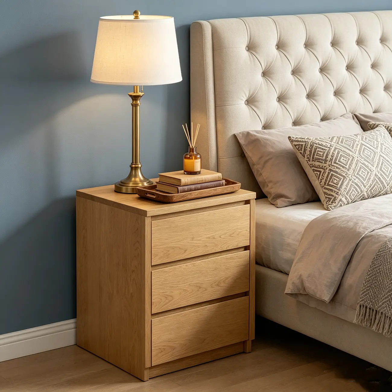 Simplistic Rectangular Wooden Bedside Table with Drawers Image - 3 | homeyfad