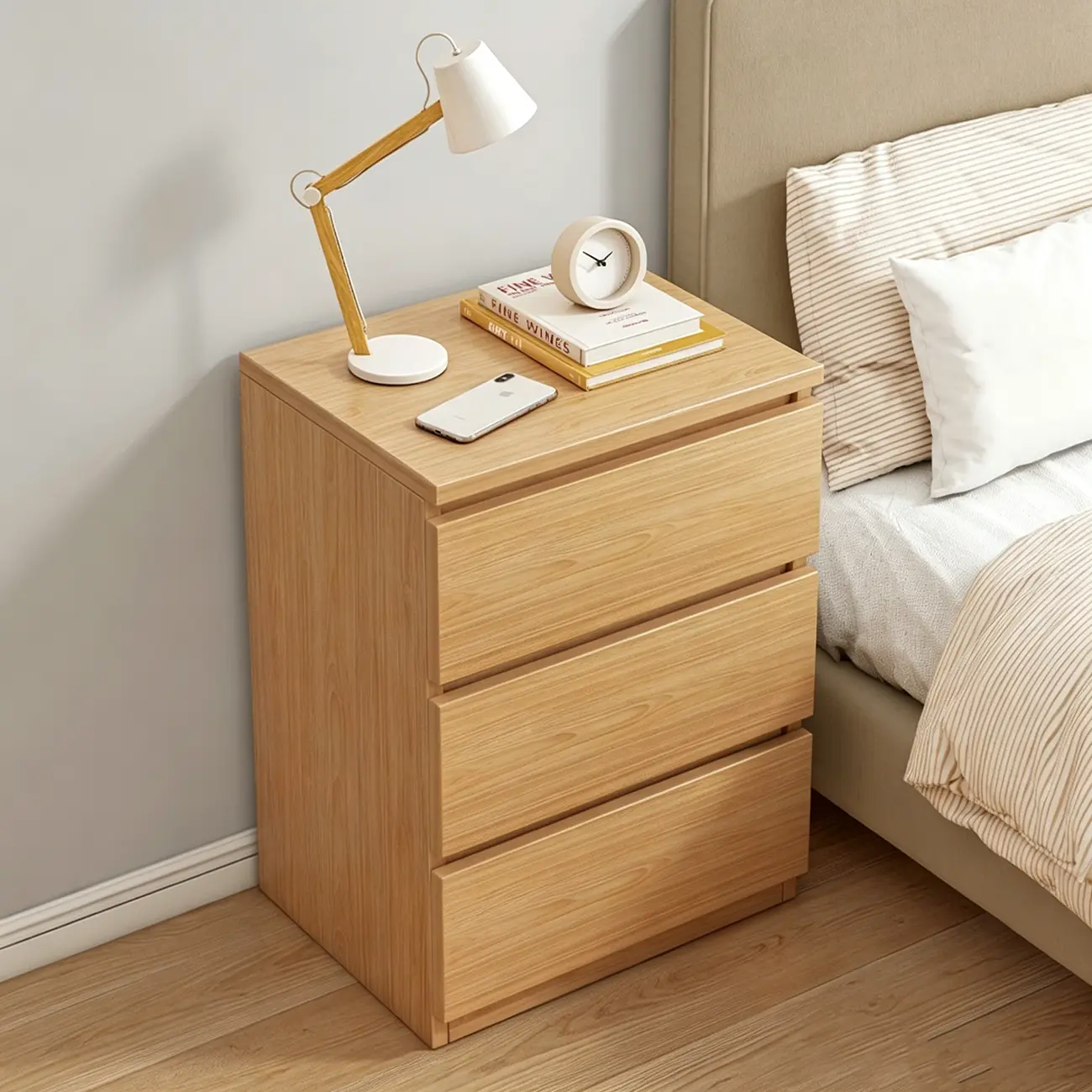 Simplistic Rectangular Wooden Bedside Table with Drawers Image - 10 | homeyfad