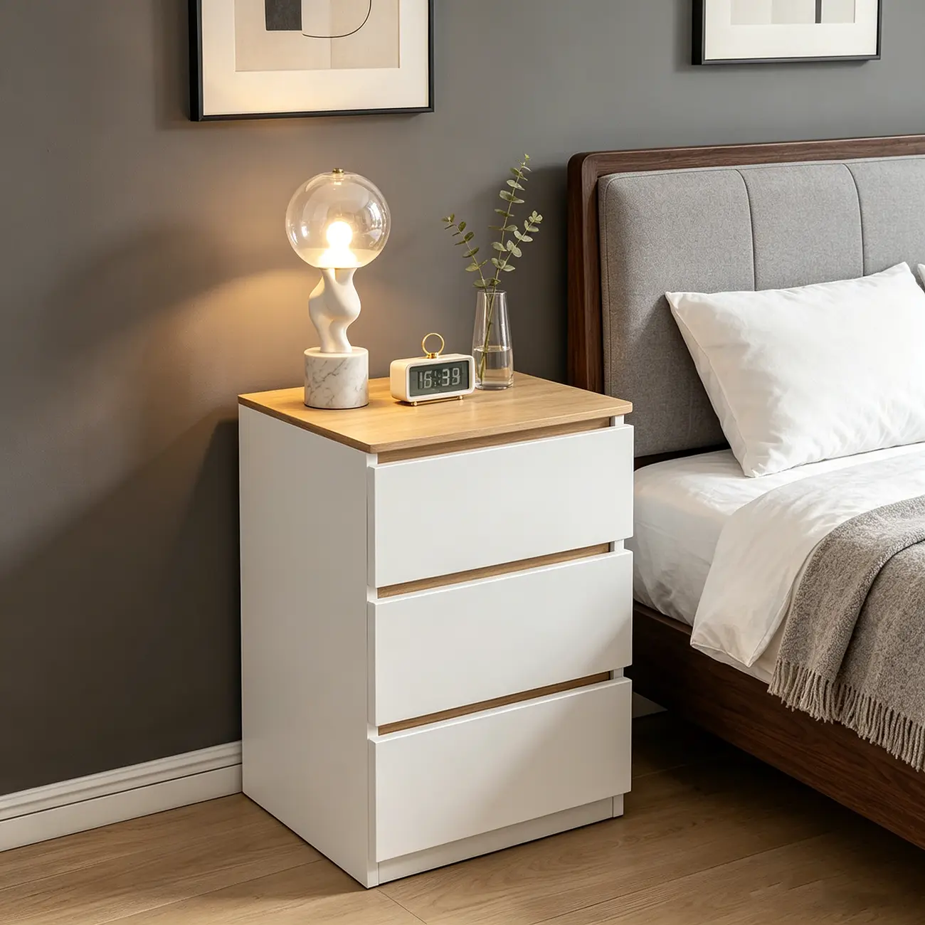 Simplistic Rectangular Wooden Bedside Table with Drawers Image - 1 | homeyfad