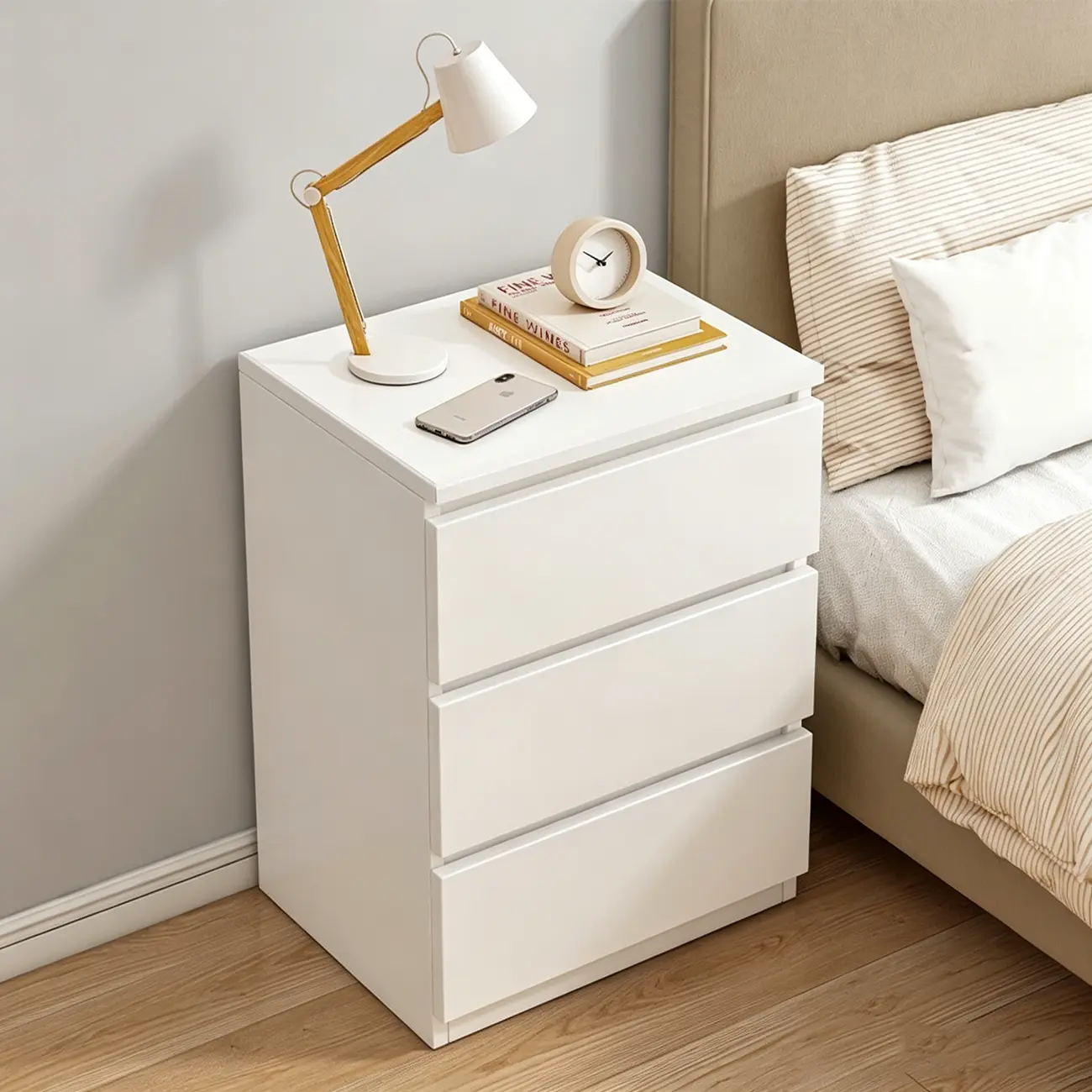 Simplistic Rectangular Wooden Bedside Table with Drawers Image - 7 | homeyfad