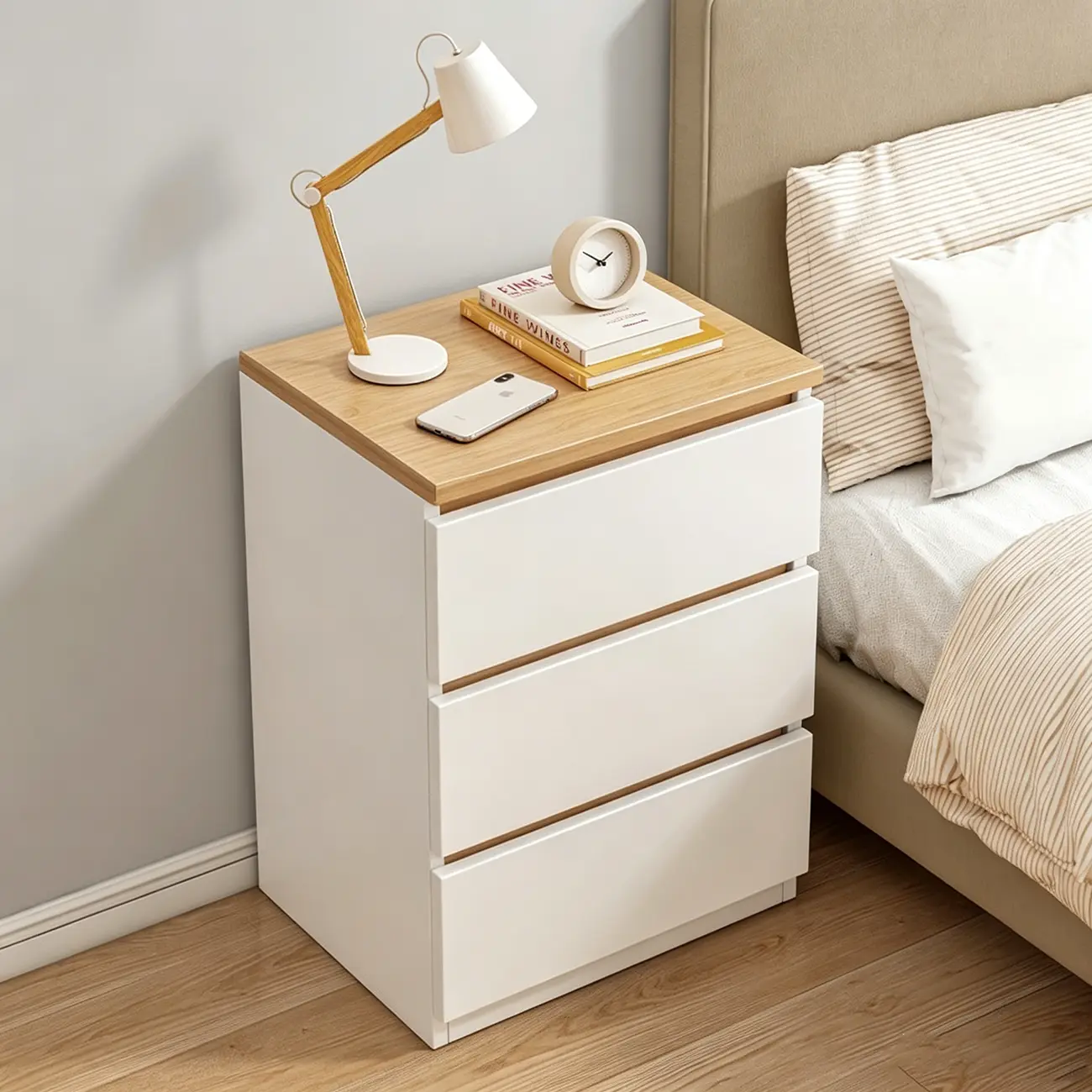 Simplistic Rectangular Wooden Bedside Table with Drawers Image - 6 | homeyfad