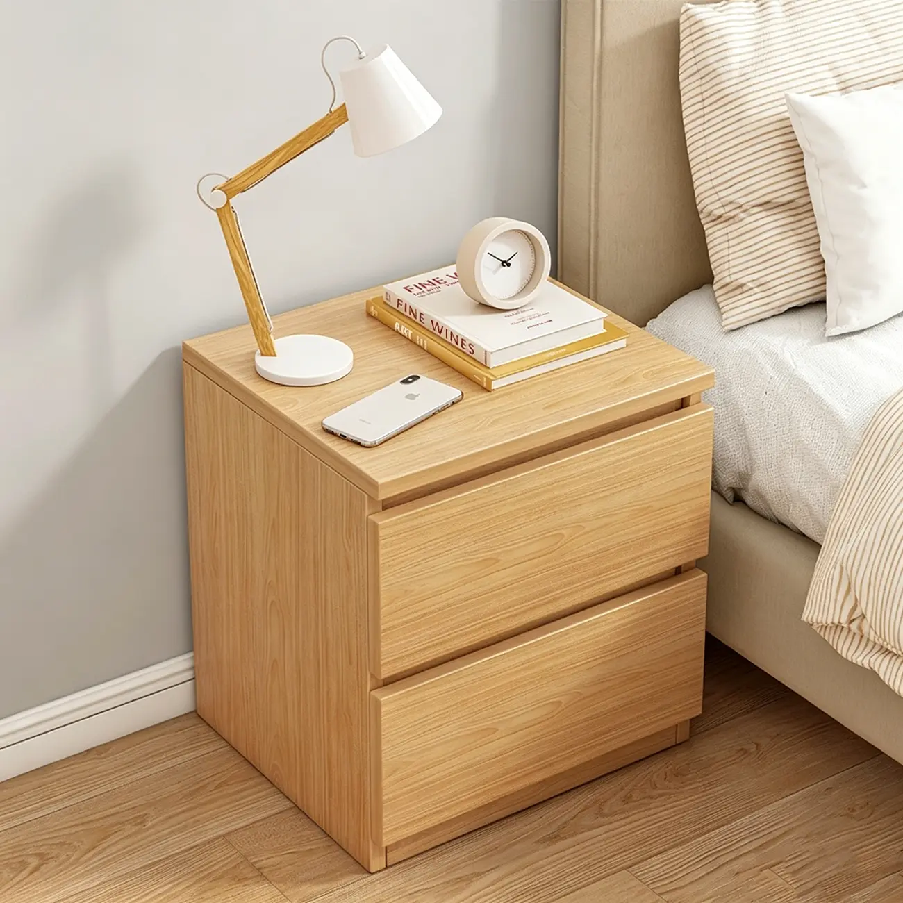 Simplistic Rectangular Wooden Bedside Table with Drawers Image - 5 | homeyfad