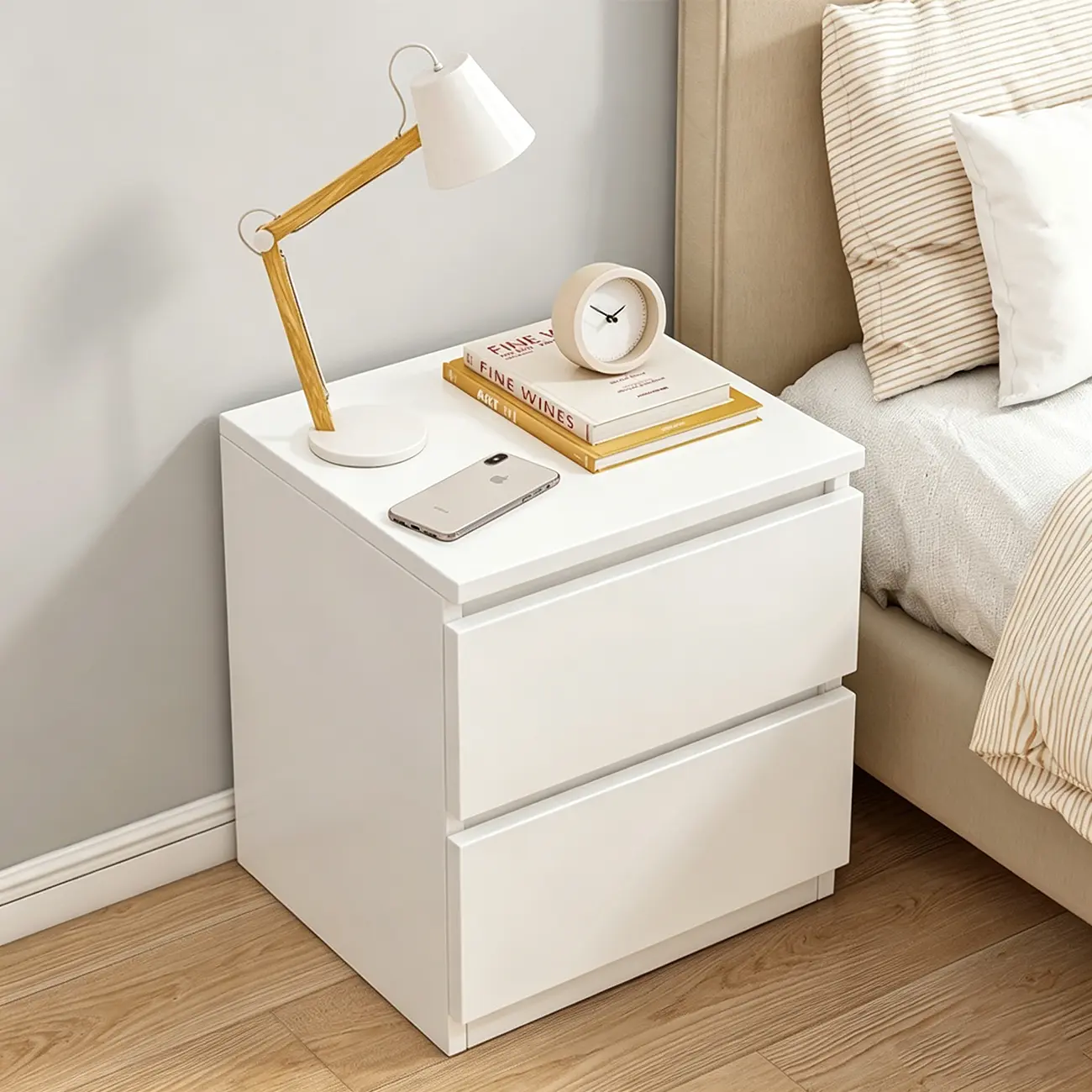 Simplistic Rectangular Wooden Bedside Table with Drawers Image - 4 | homeyfad